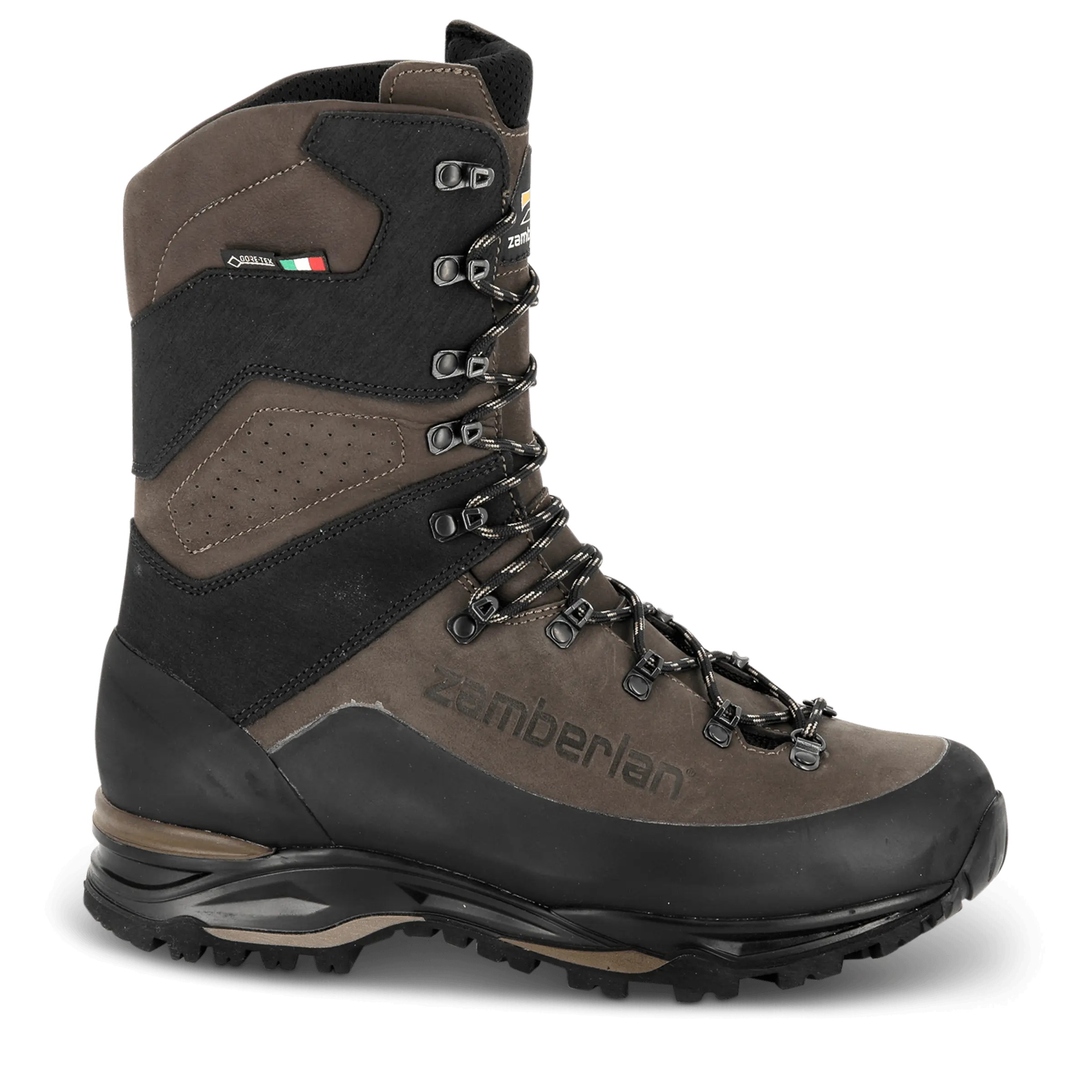 Brown and black hiking boot with visible brand name on a transparent background