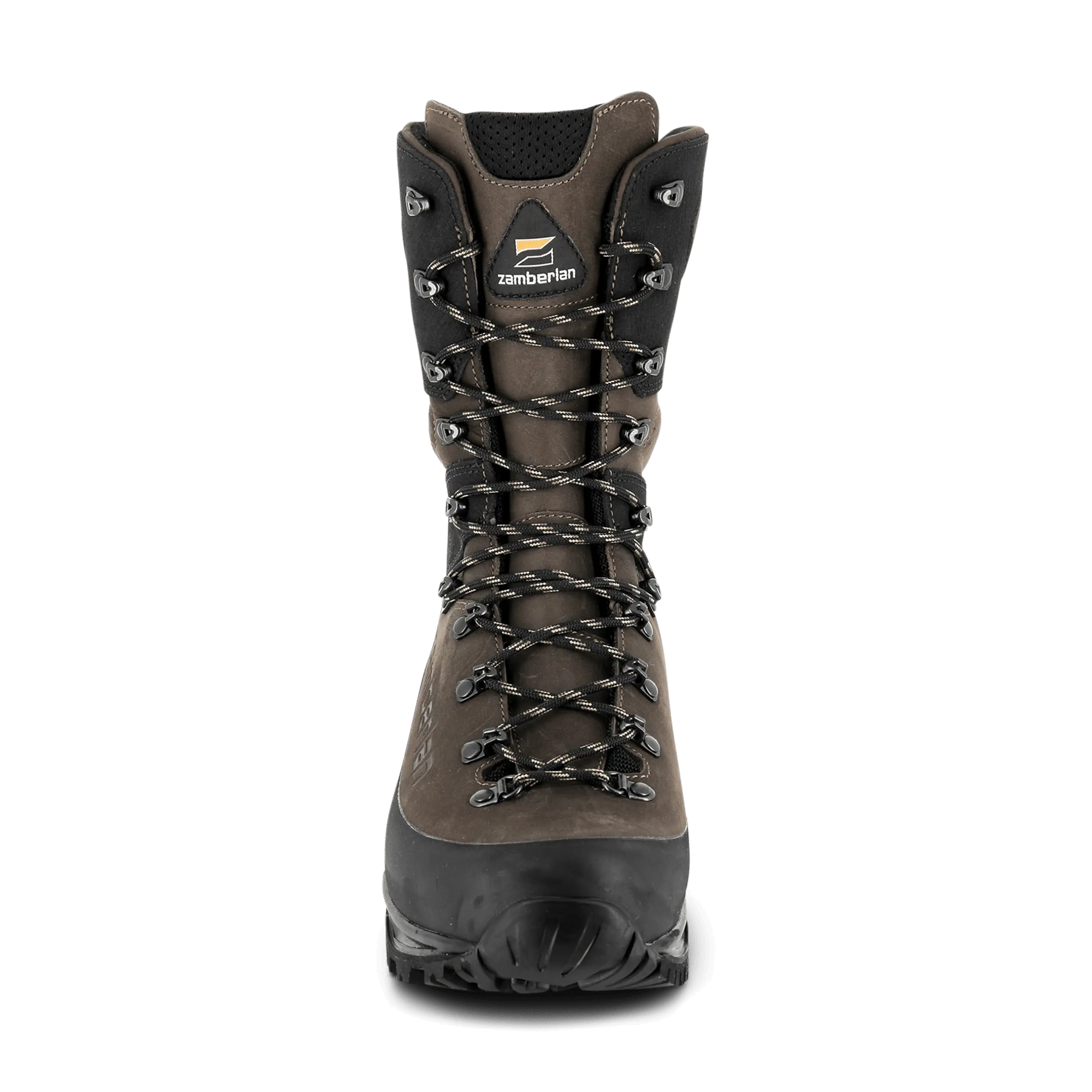 Brown hiking boot with black sole on a white background