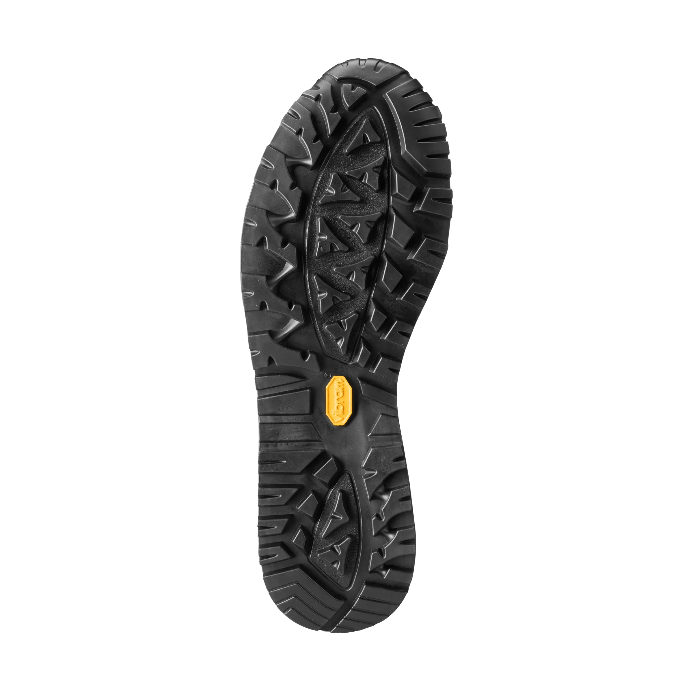 Black sole of a shoe with a yellow brand logo on a white background