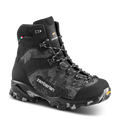 Black hiking boot with visible Zamberlan branding on a black background