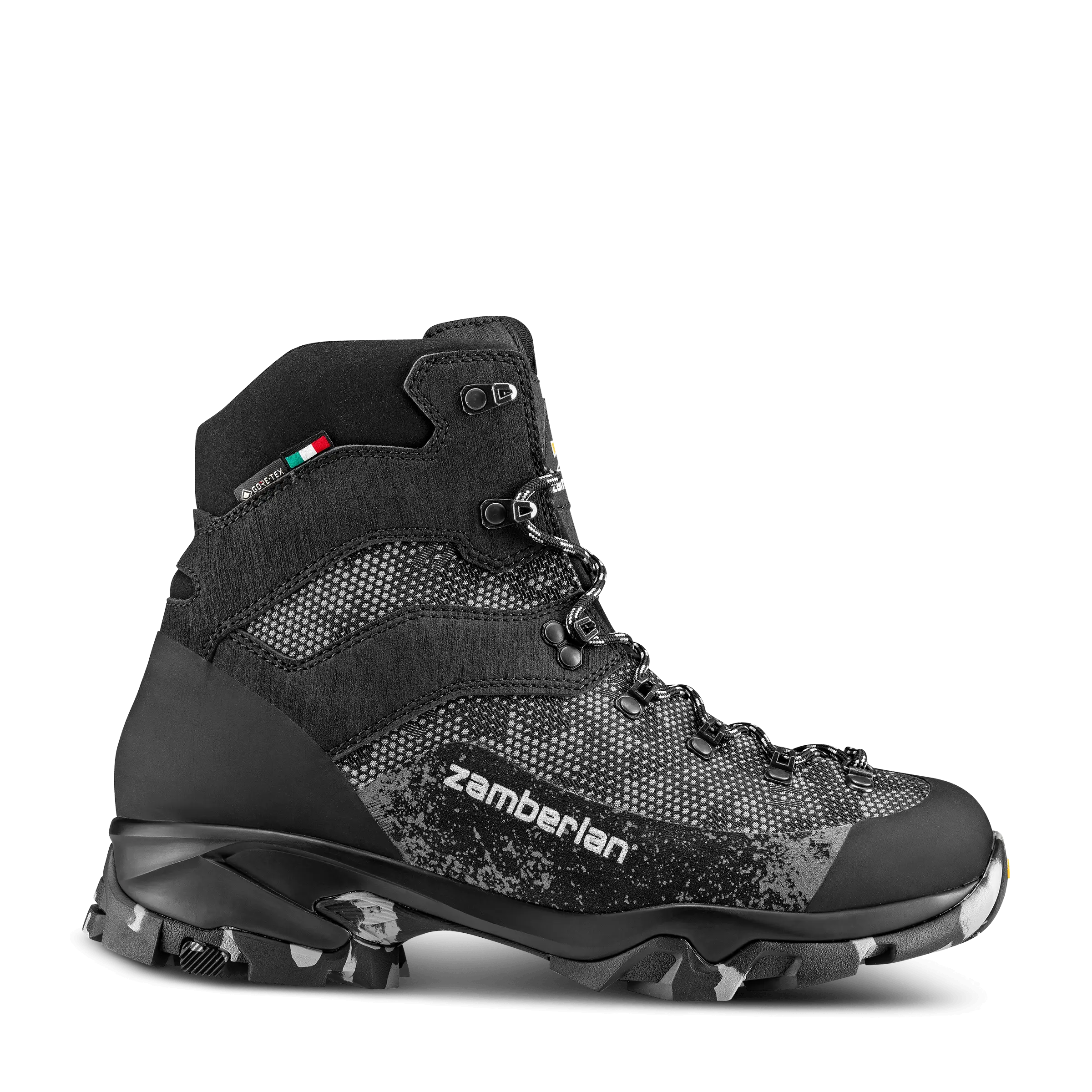 Black hiking boot with visible Zamberlan branding on a white background
