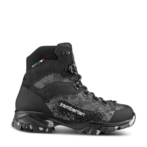 Black hiking boot with visible Zamberlan branding on a white background