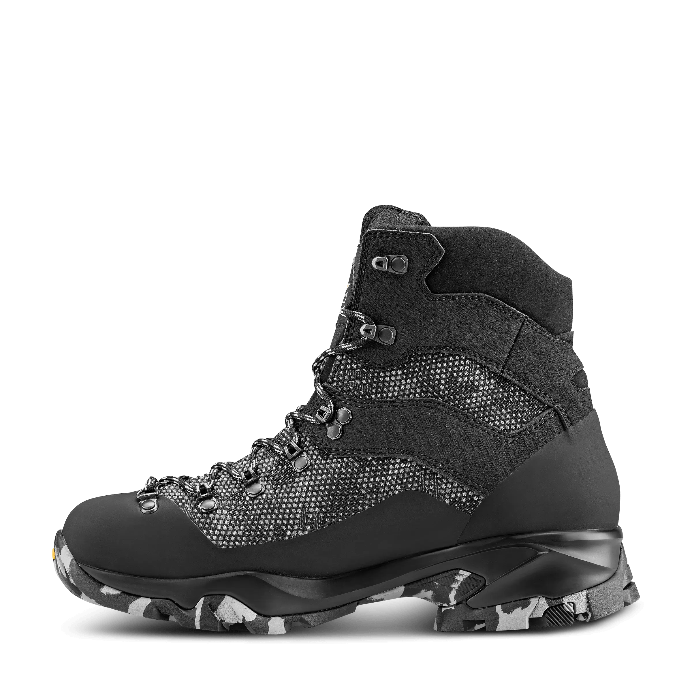 Black hiking boot with camouflage sole on a white background