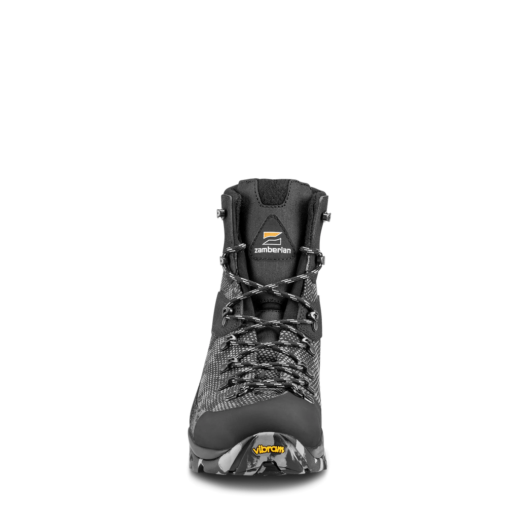 Black hiking boot with visible brand logo on a white background