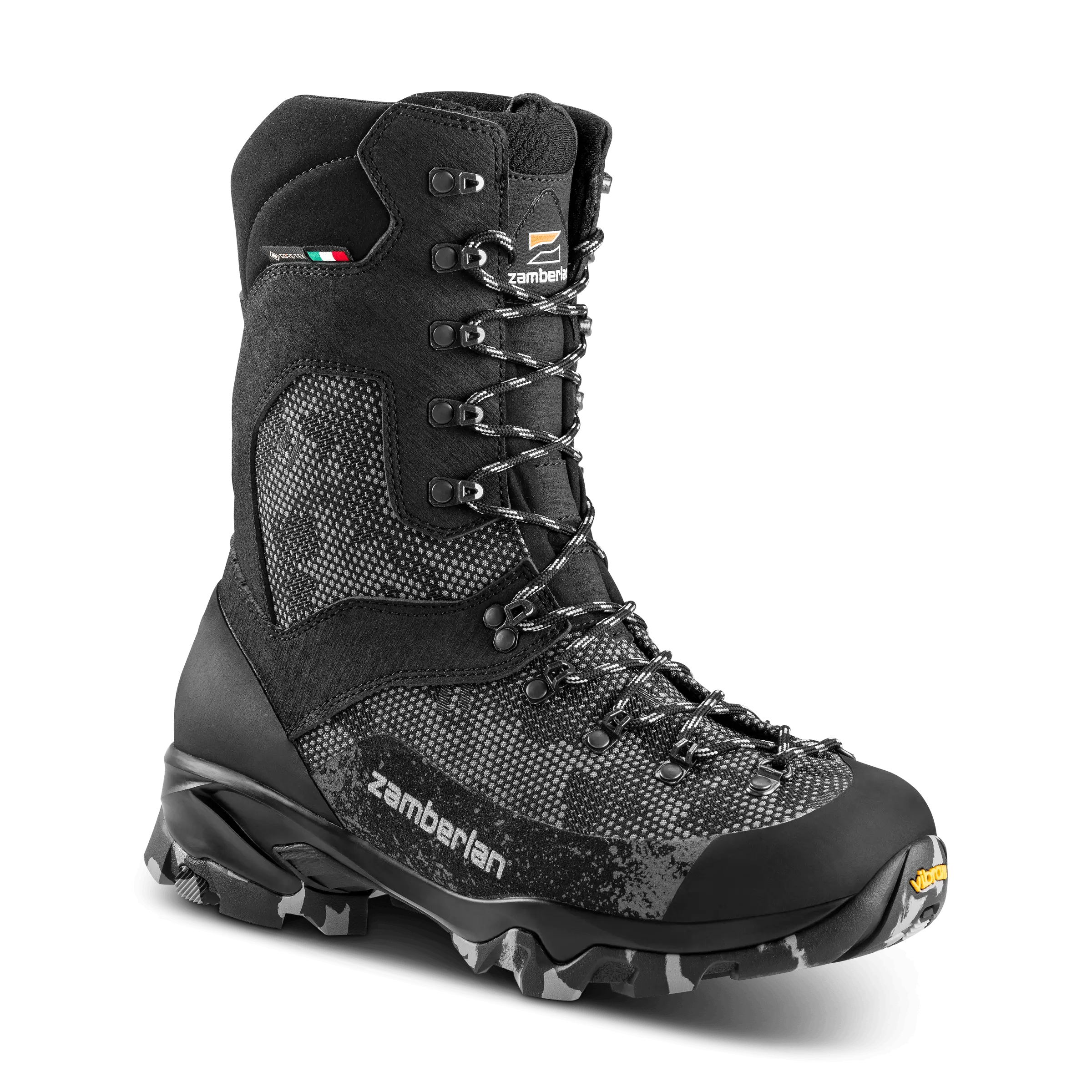 Black hiking boot with visible Zamberlan branding on a black background