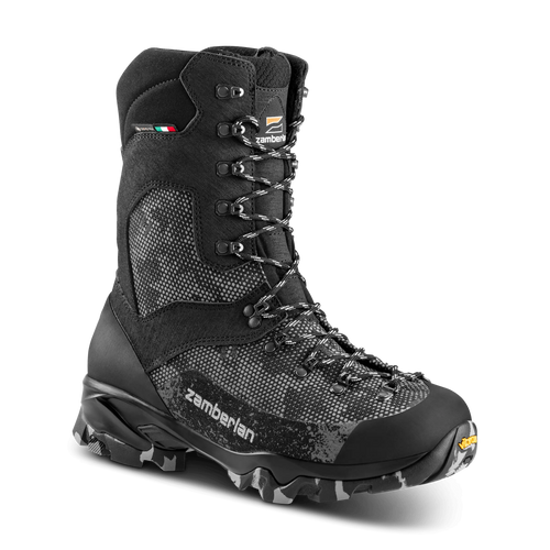 Black hiking boot with visible Zamberlan branding on a black background