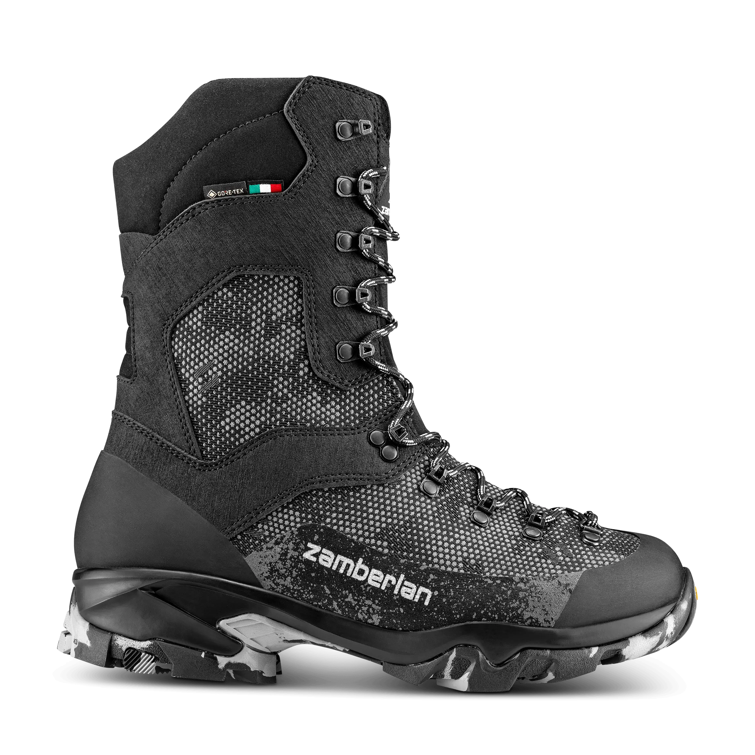 Black hiking boot with Zamberlan branding on a white background