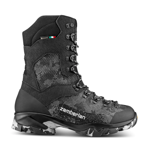 Black hiking boot with Zamberlan branding on a white background