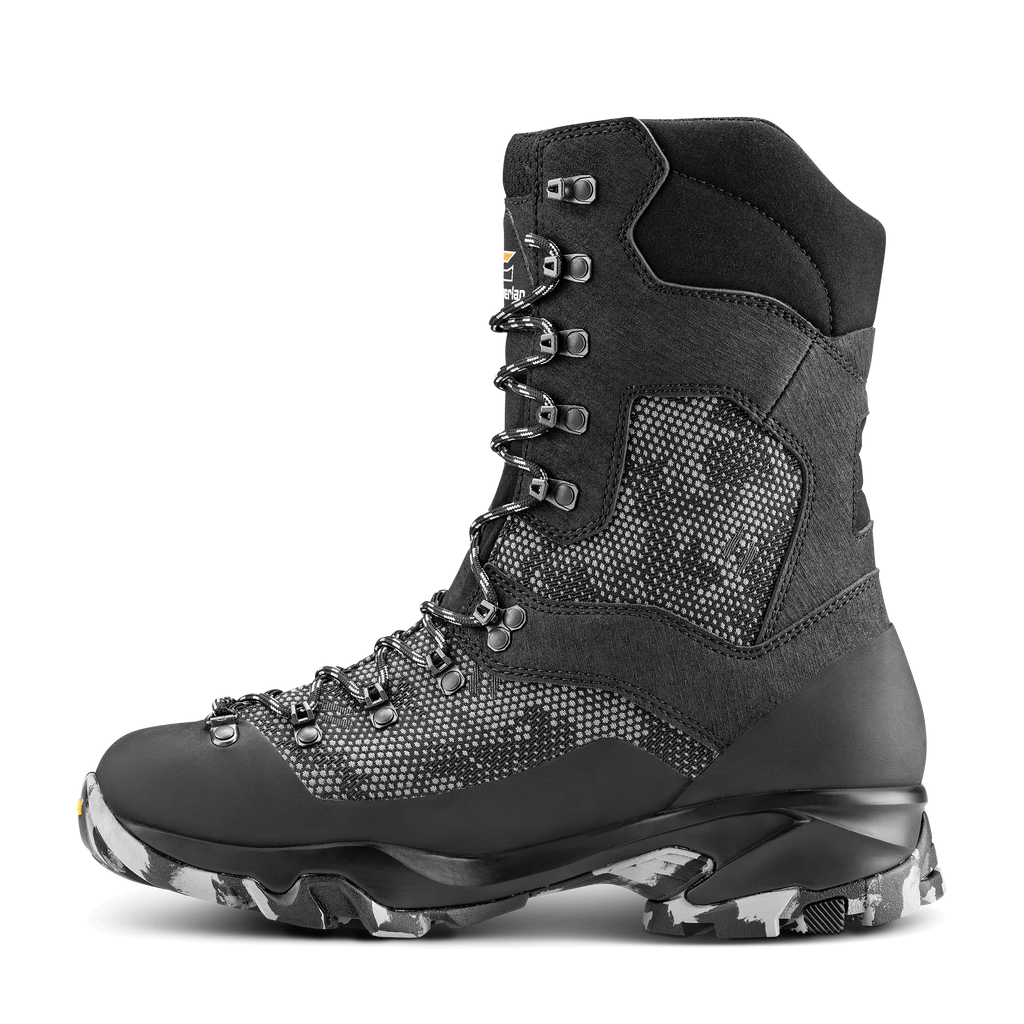 Black high-top boot with transparent sole on a black background