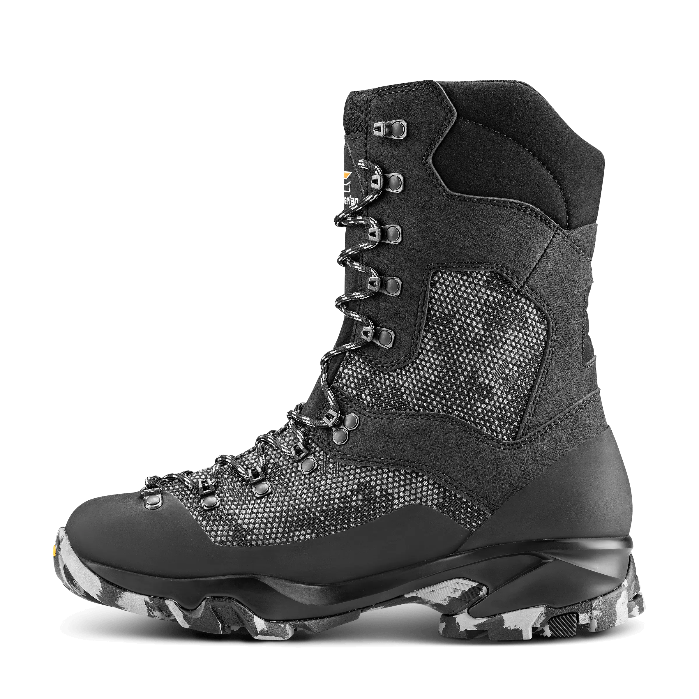 Black high-top boot with transparent sole on a black background
