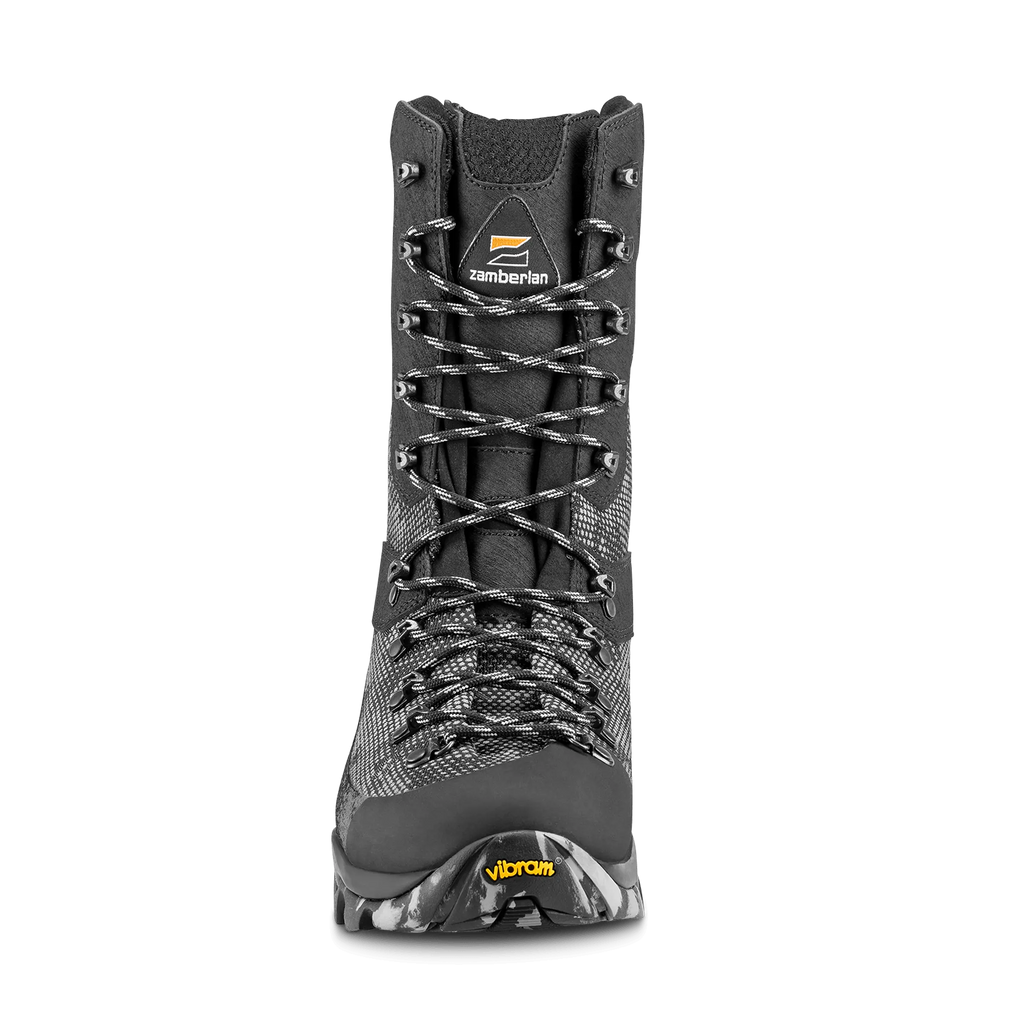 Black hiking boot with visible Zamberlan and Vibram branding on a white background