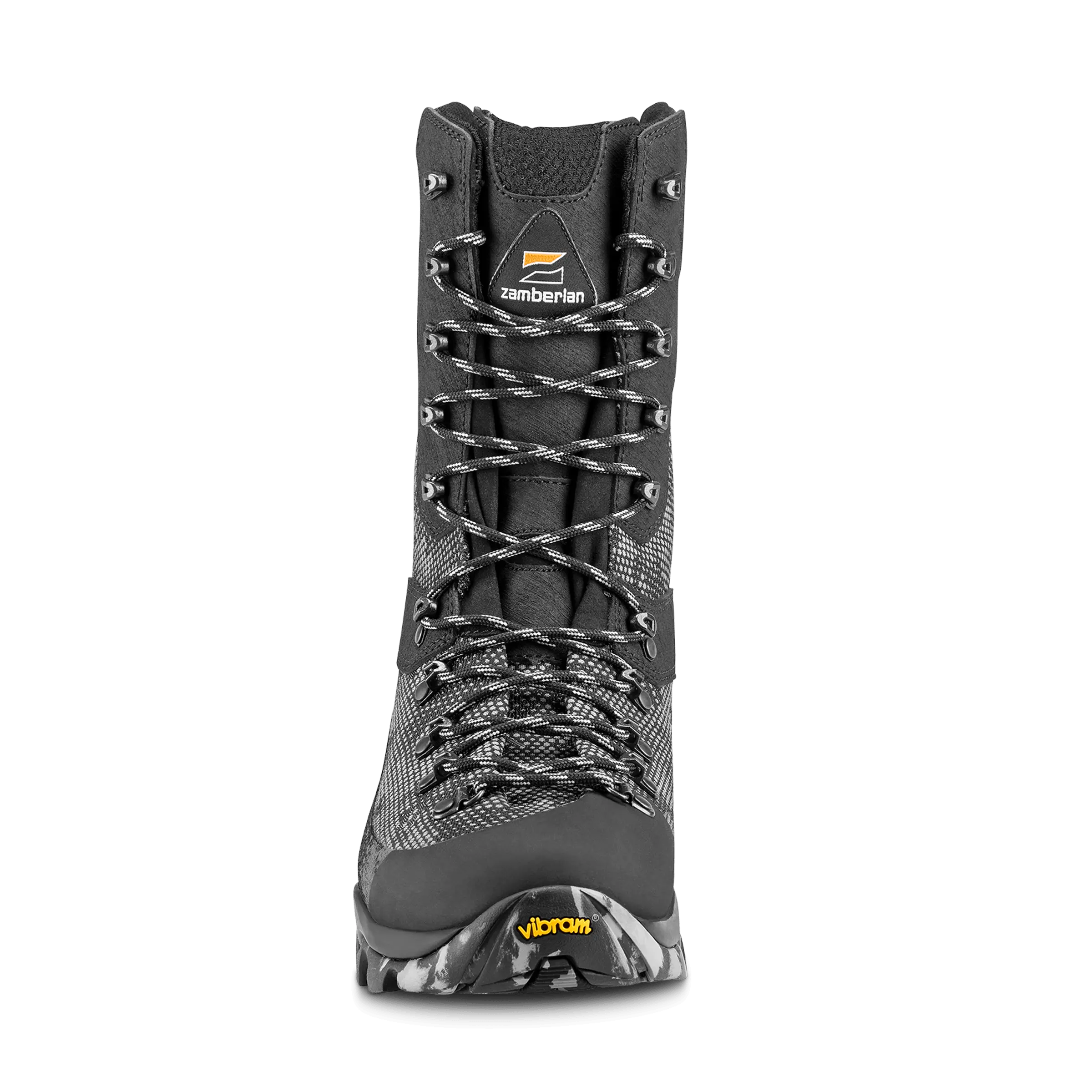 Black hiking boot with visible Zamberlan and Vibram branding on a white background