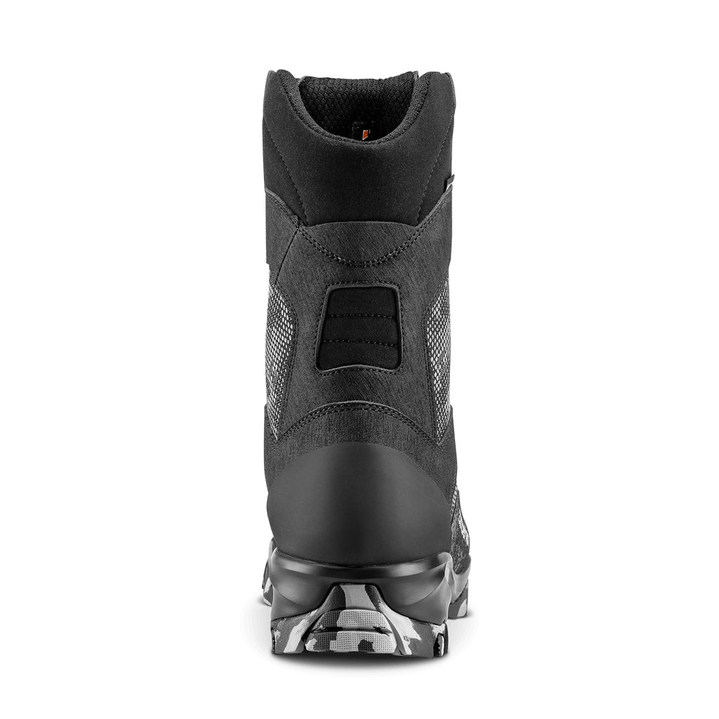 Black boot with a textured sole on a white background