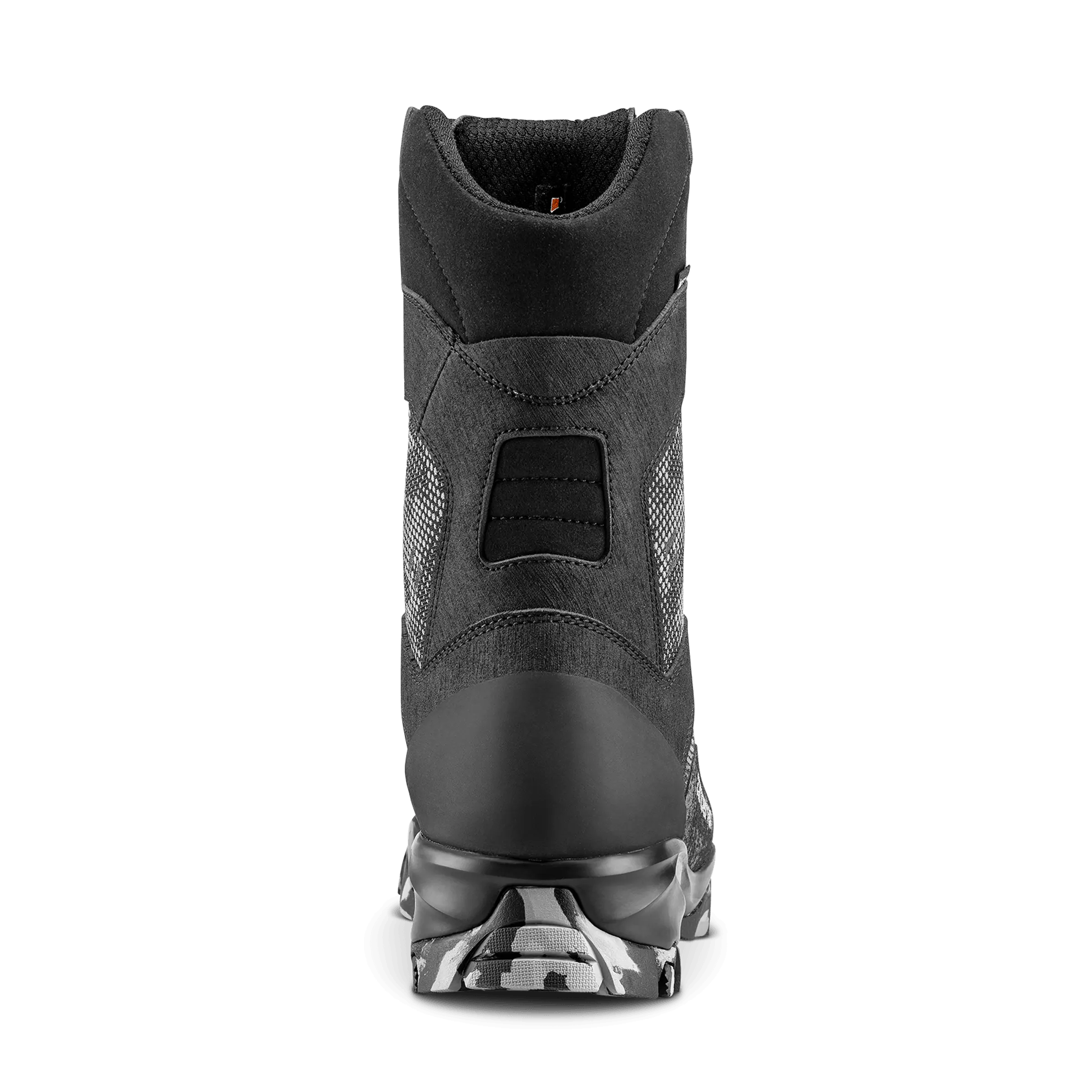 Black boot with a textured sole on a white background