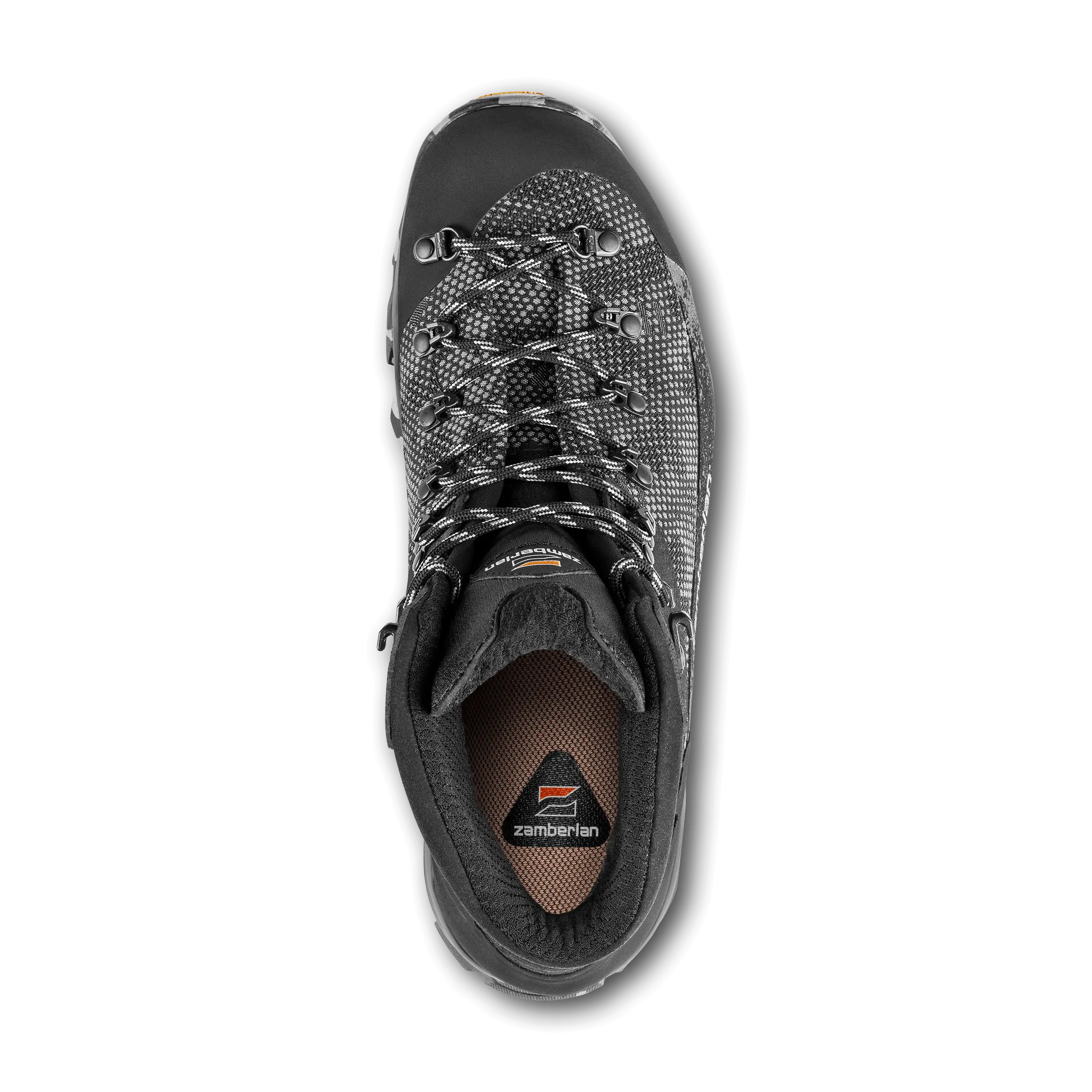 Black hiking shoe with brand logo on a black background