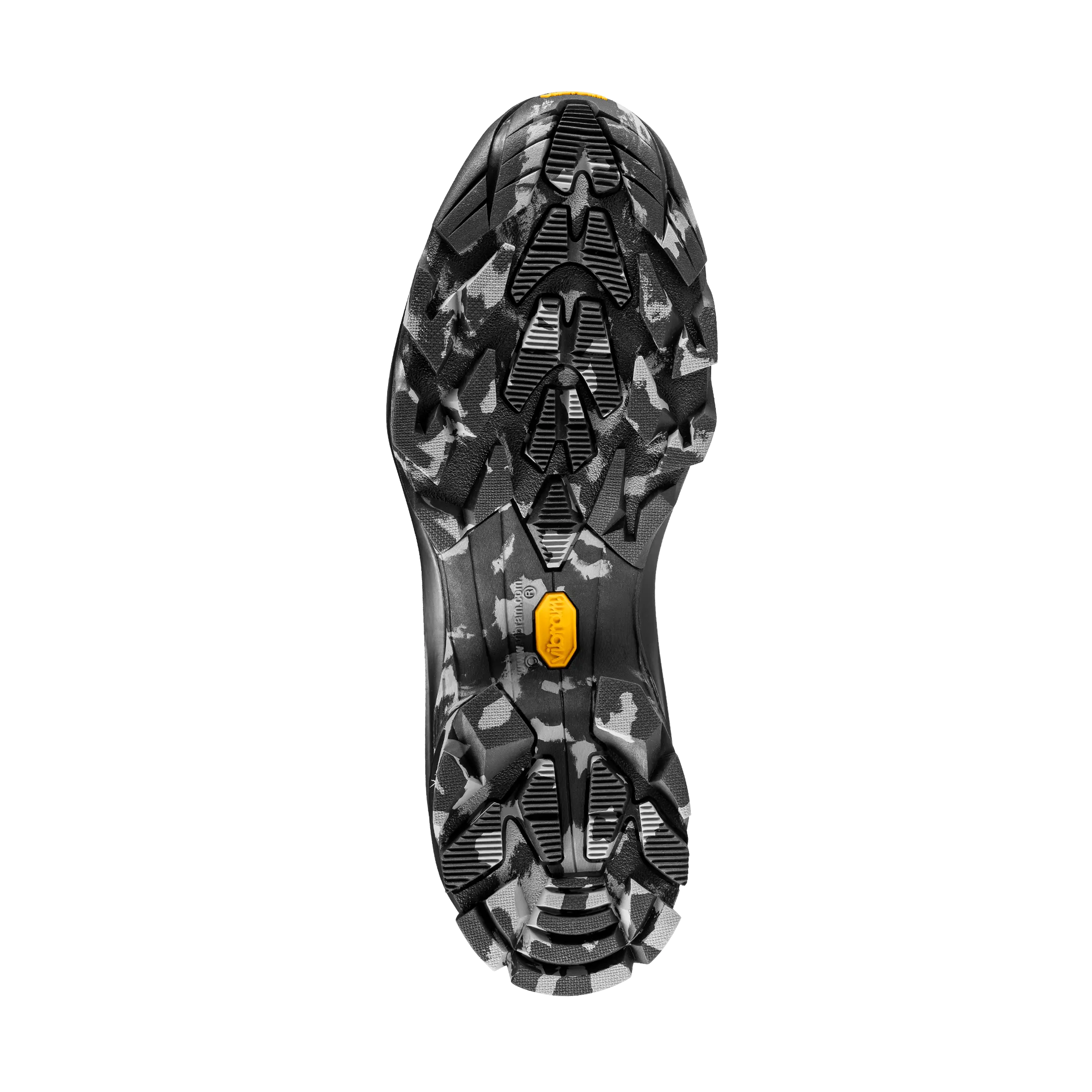 Camouflage-patterned shoe sole with a yellow circular logo on a black background