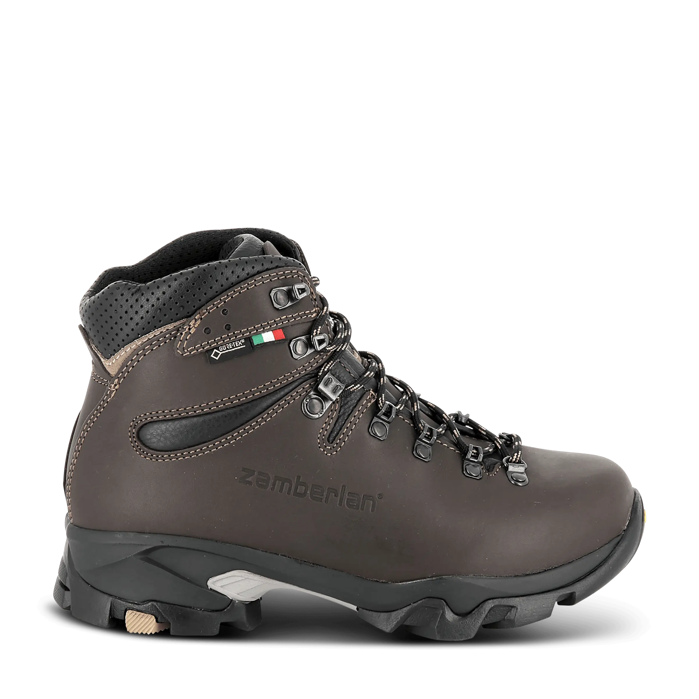 Brown hiking boot with visible brand logo on a white background