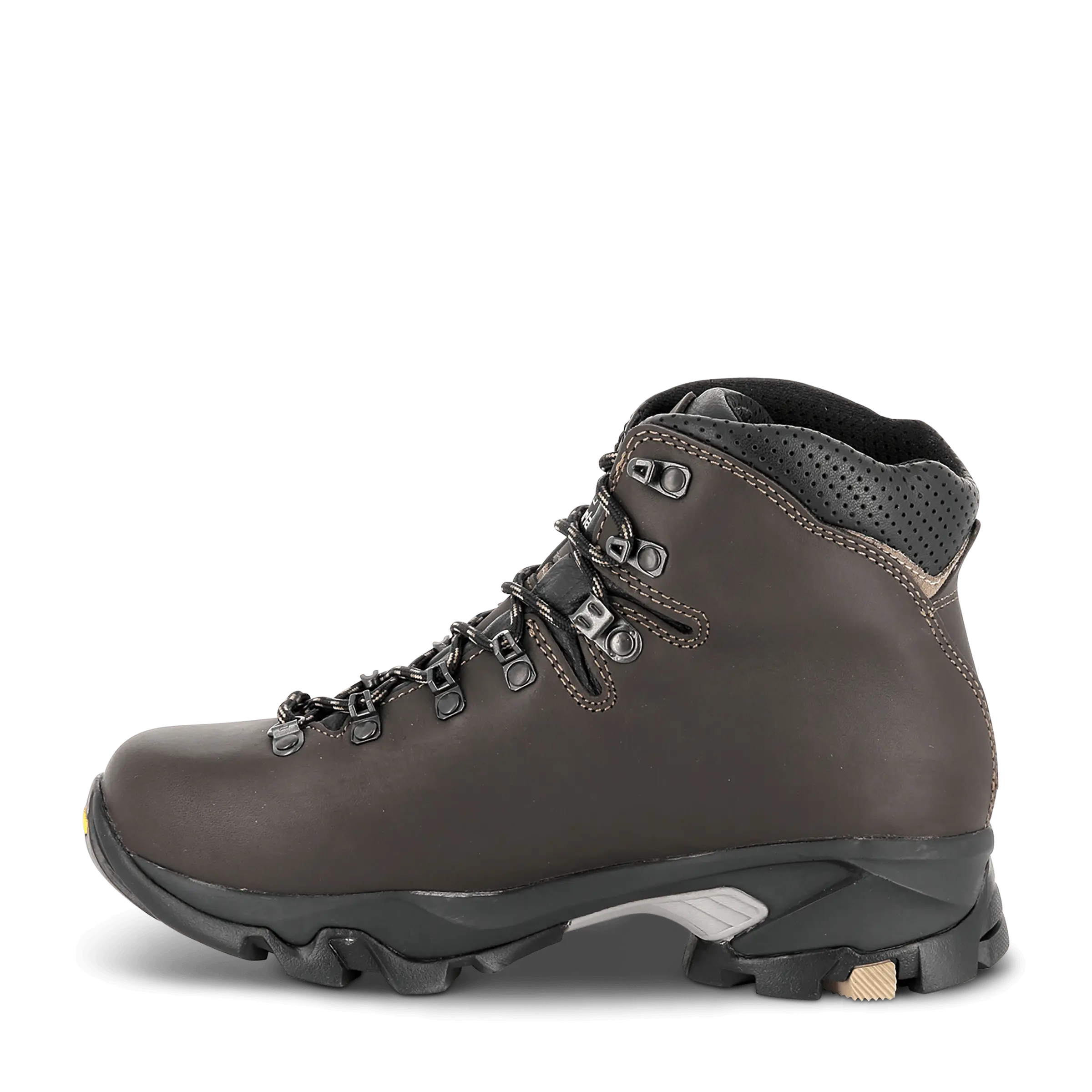Brown hiking boot with visible brand logo on a black background