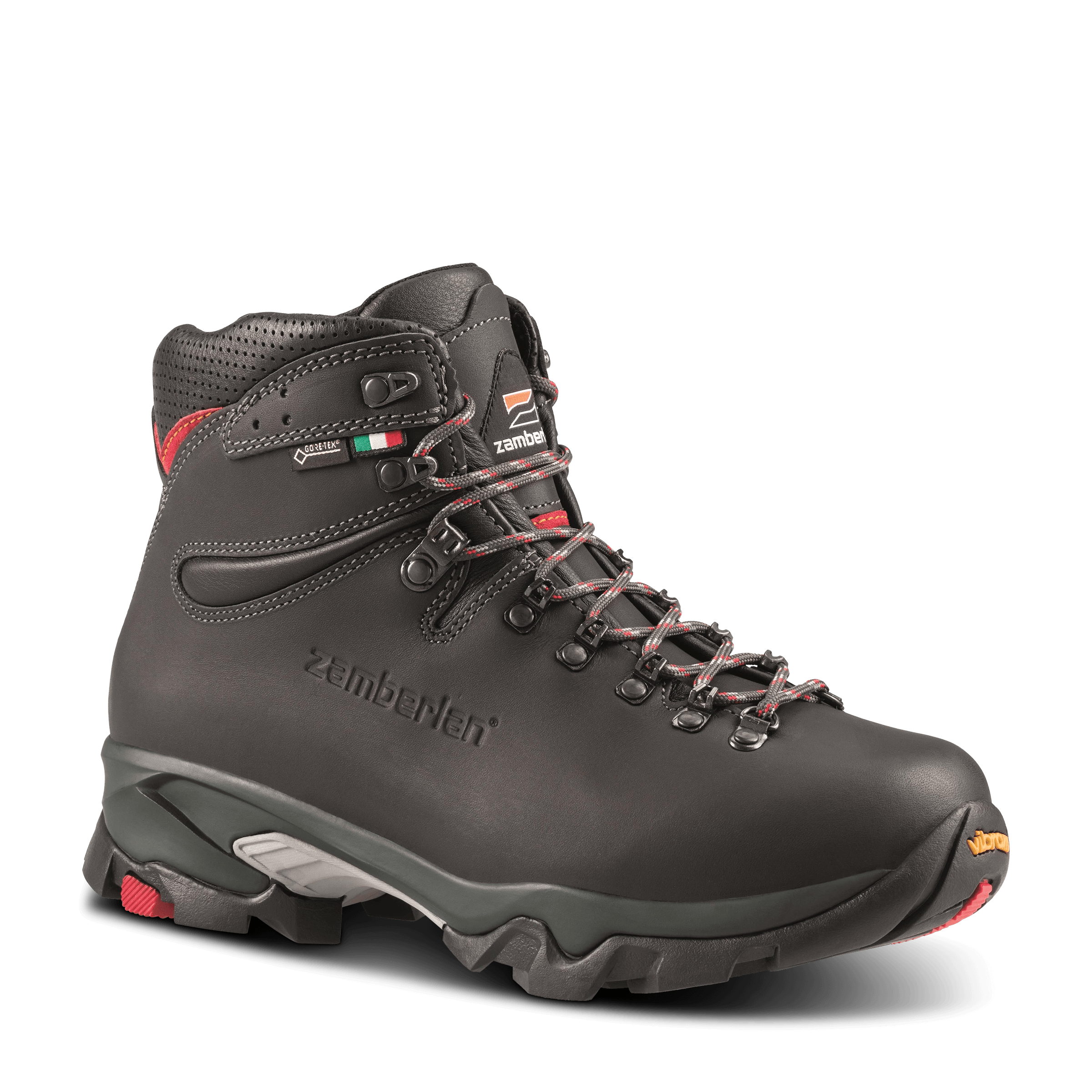 Black hiking boot with visible brand logo on a white background