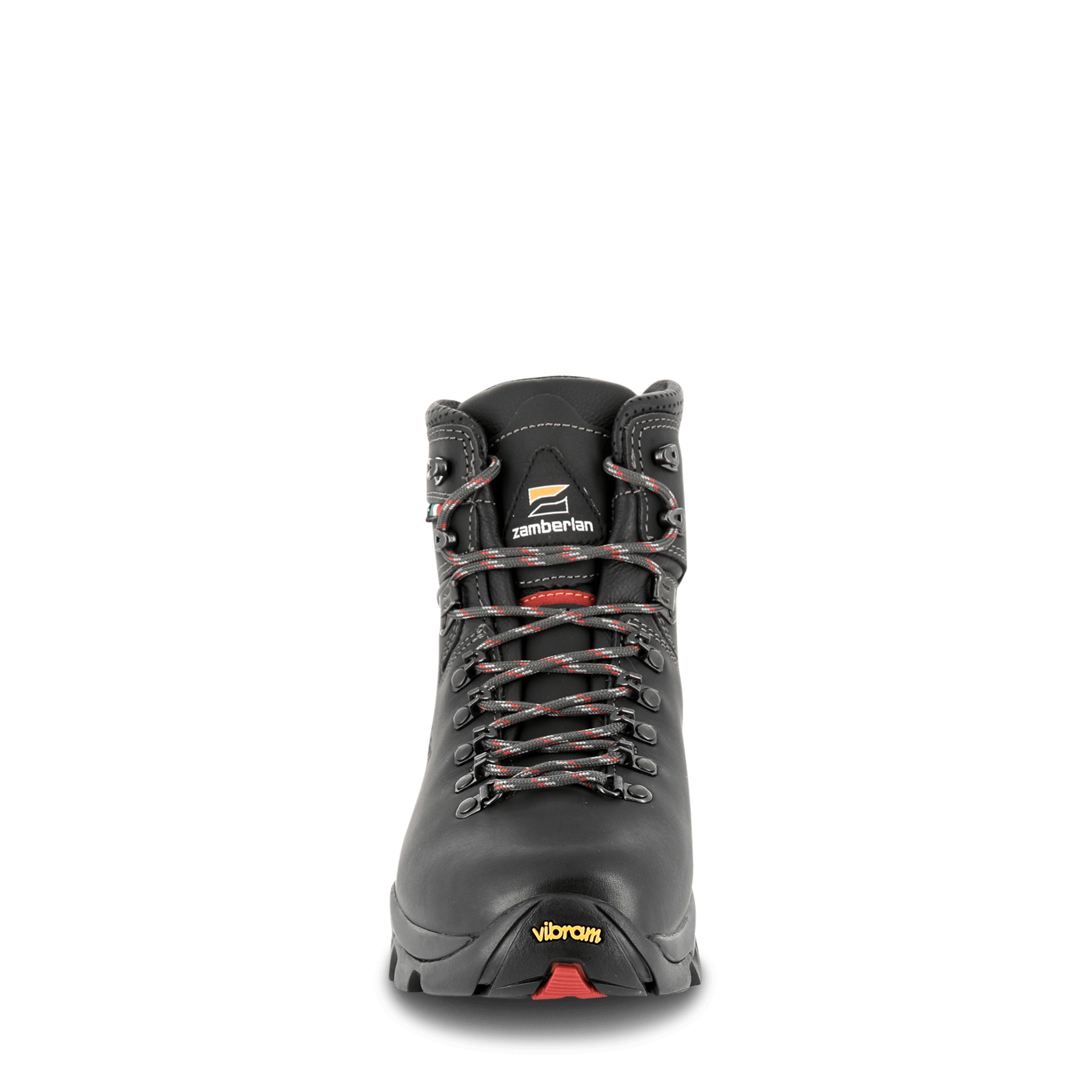 Gray hiking boot with visible brand logos on a black background
