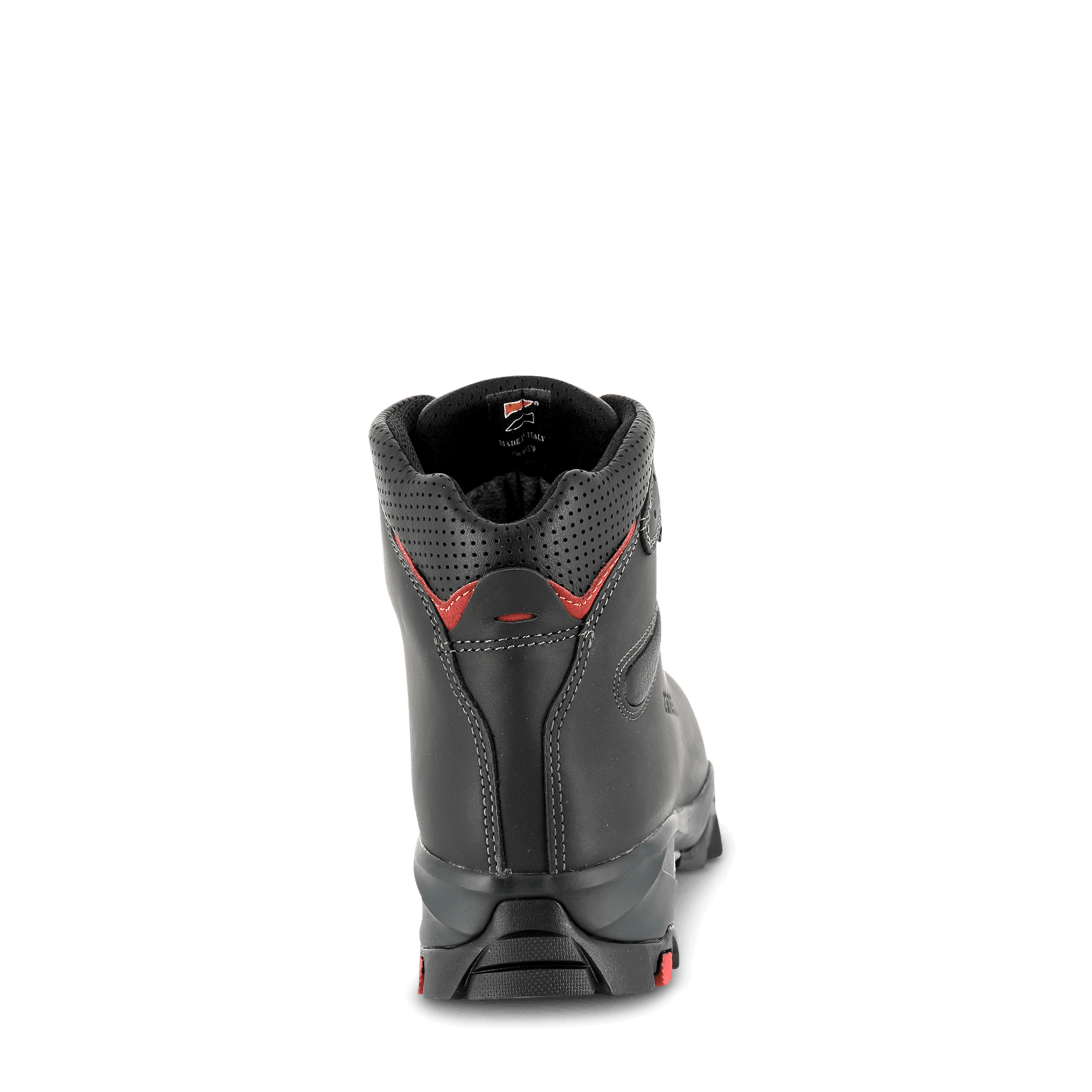 Black boot with red accents on a black background