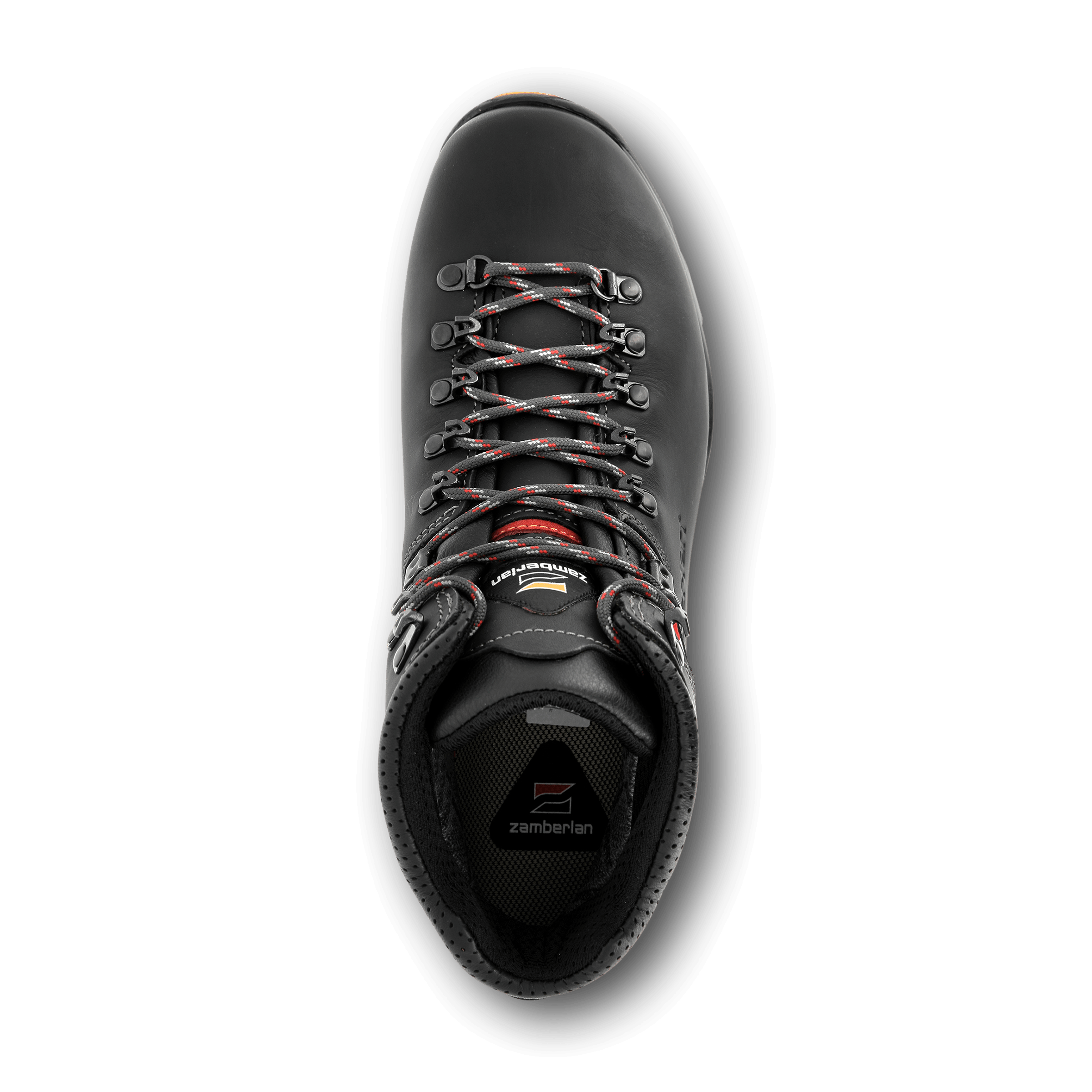 Black hiking boot with visible brand logo on a black background