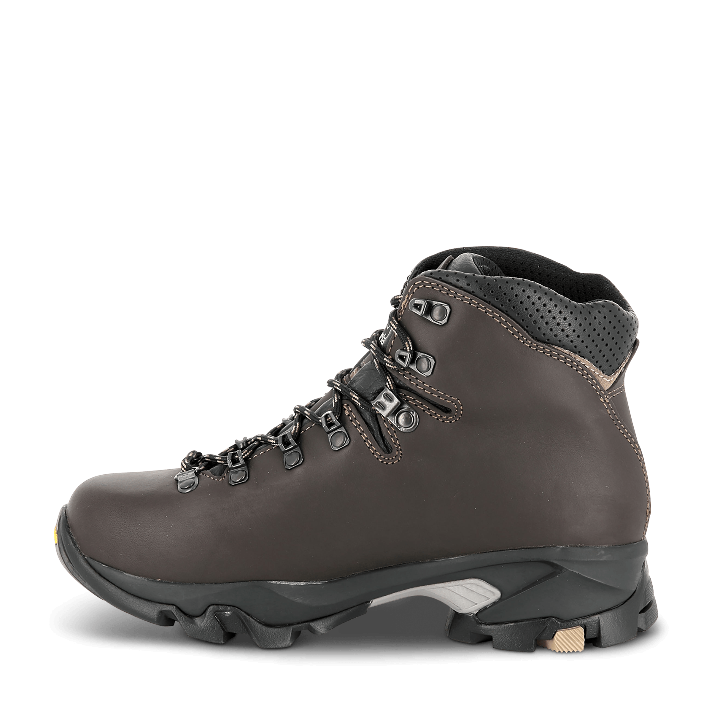 Brown hiking boot with visible brand logo on a black background