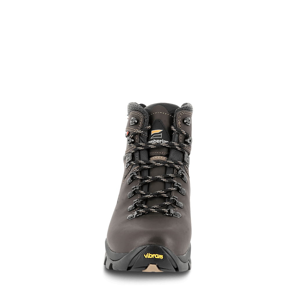 Dark gray hiking boot with Vibram sole on a black background