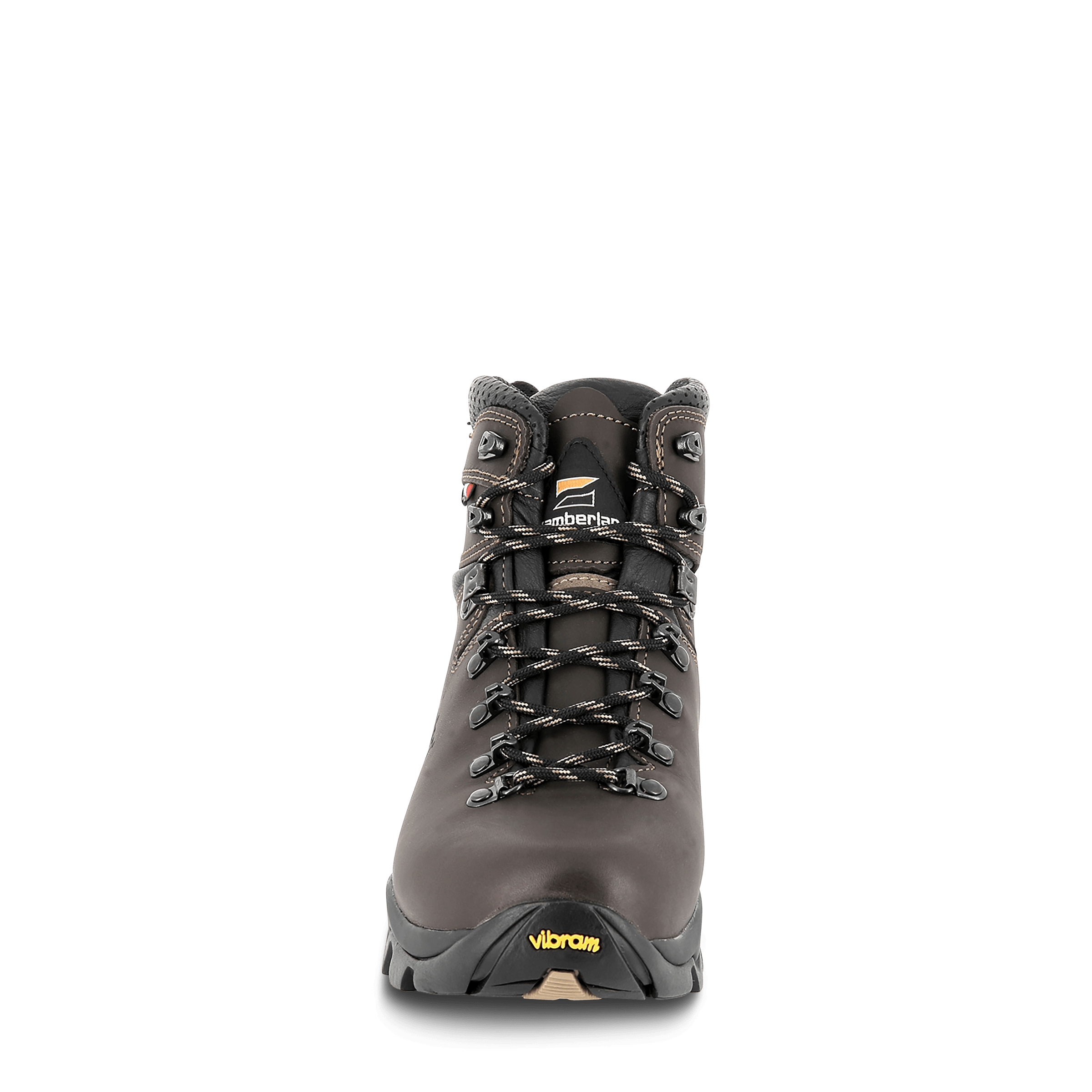 Dark gray hiking boot with Vibram sole on a black background