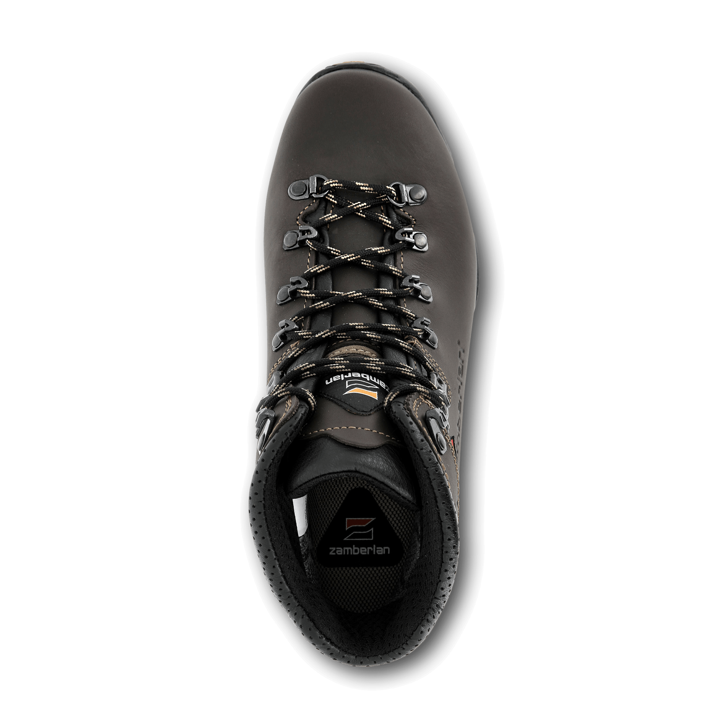 Brown hiking boot with visible brand logo on a black background