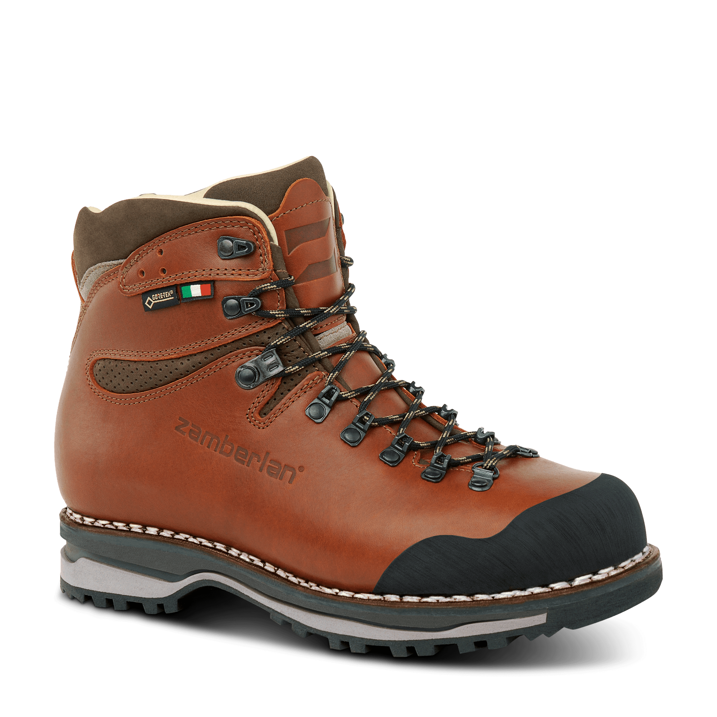 Brown hiking boot with black sole on a white background