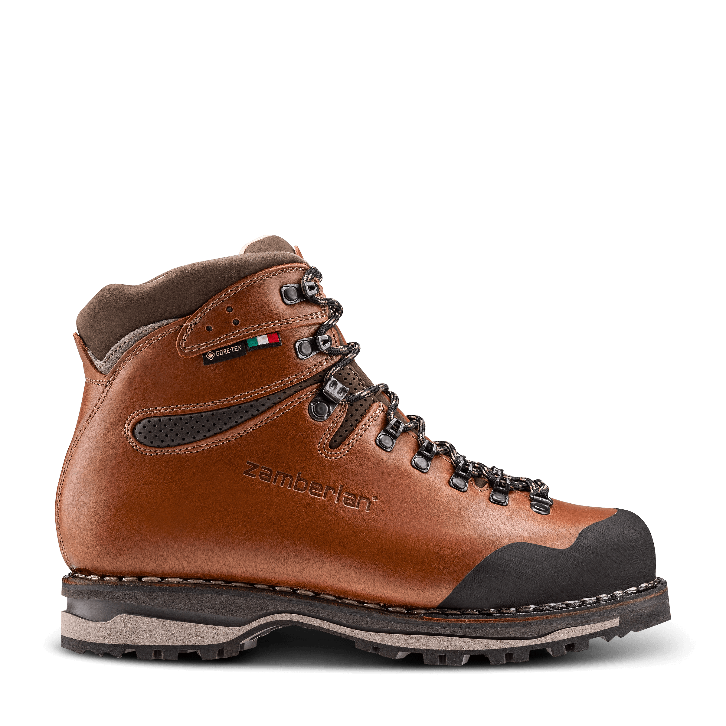 Brown hiking boot with black sole on a transparent background