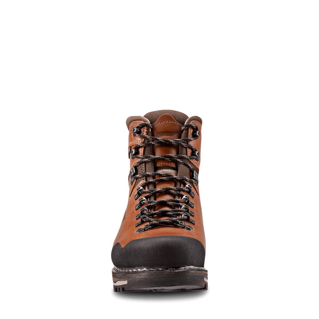 Brown hiking boot with black sole on a white background