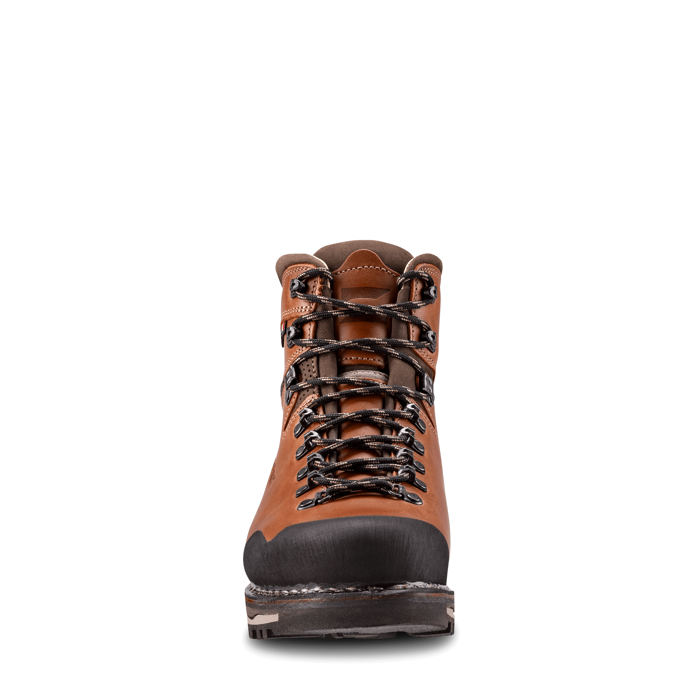Brown hiking boot with black sole on a white background
