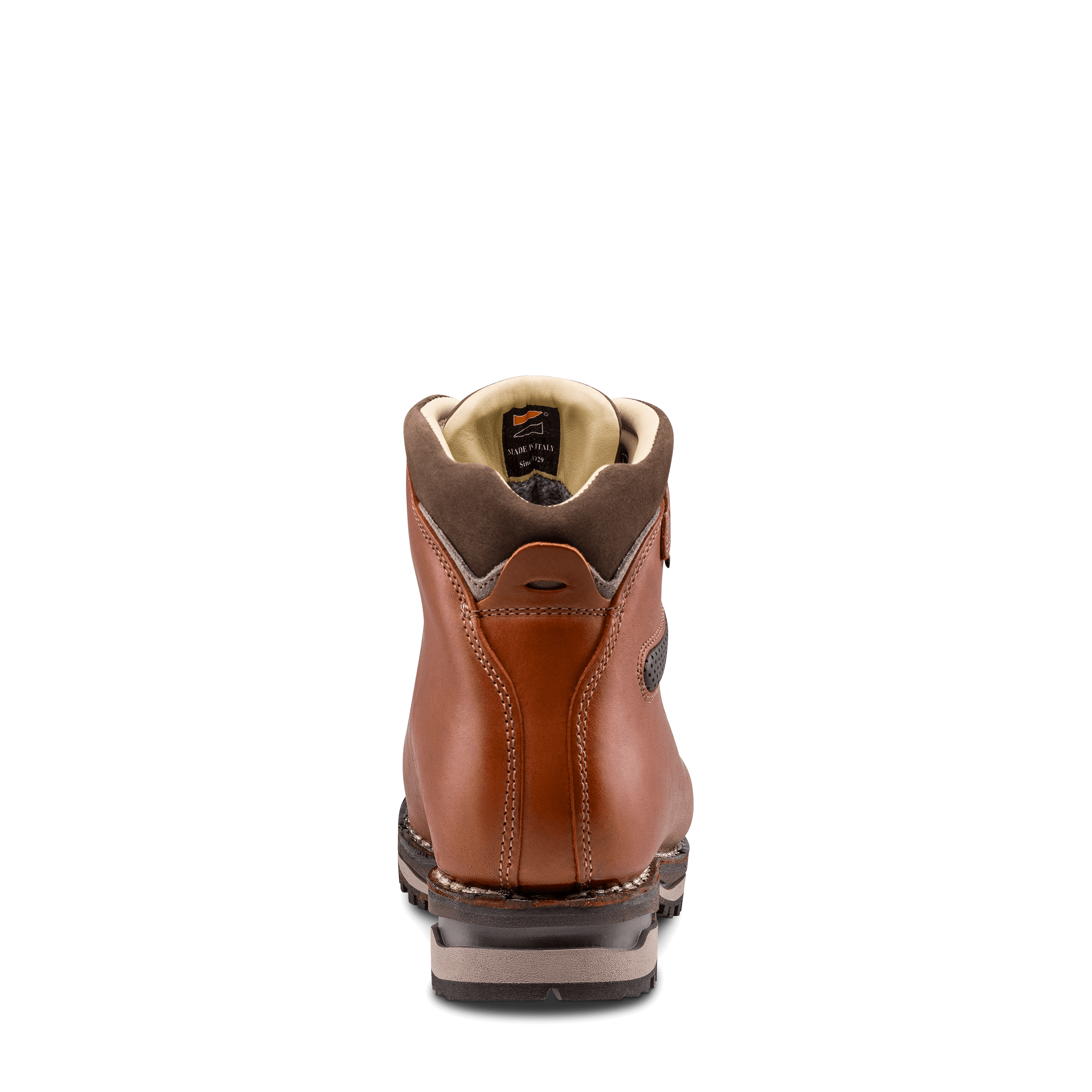 Brown leather boot with beige lining on a black background