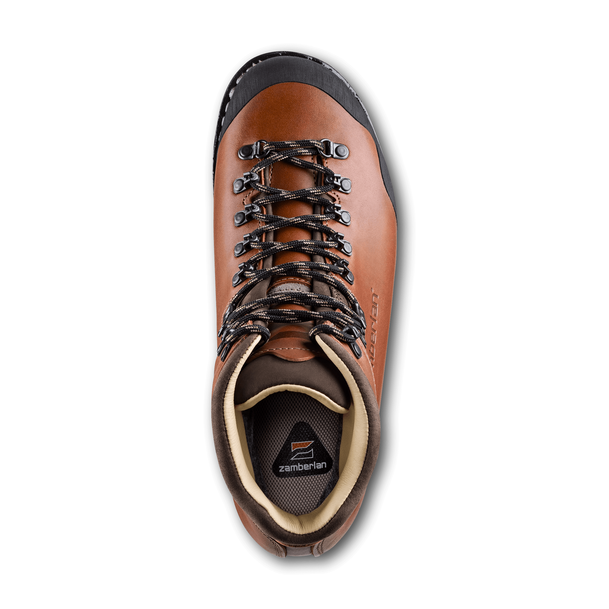 Brown hiking boot with black laces on a white background