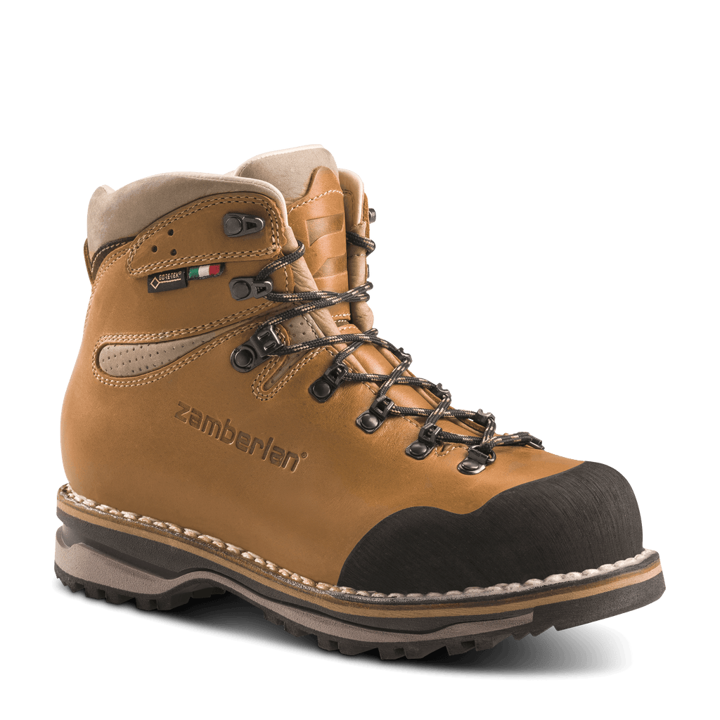Brown hiking boot with black sole on a transparent background