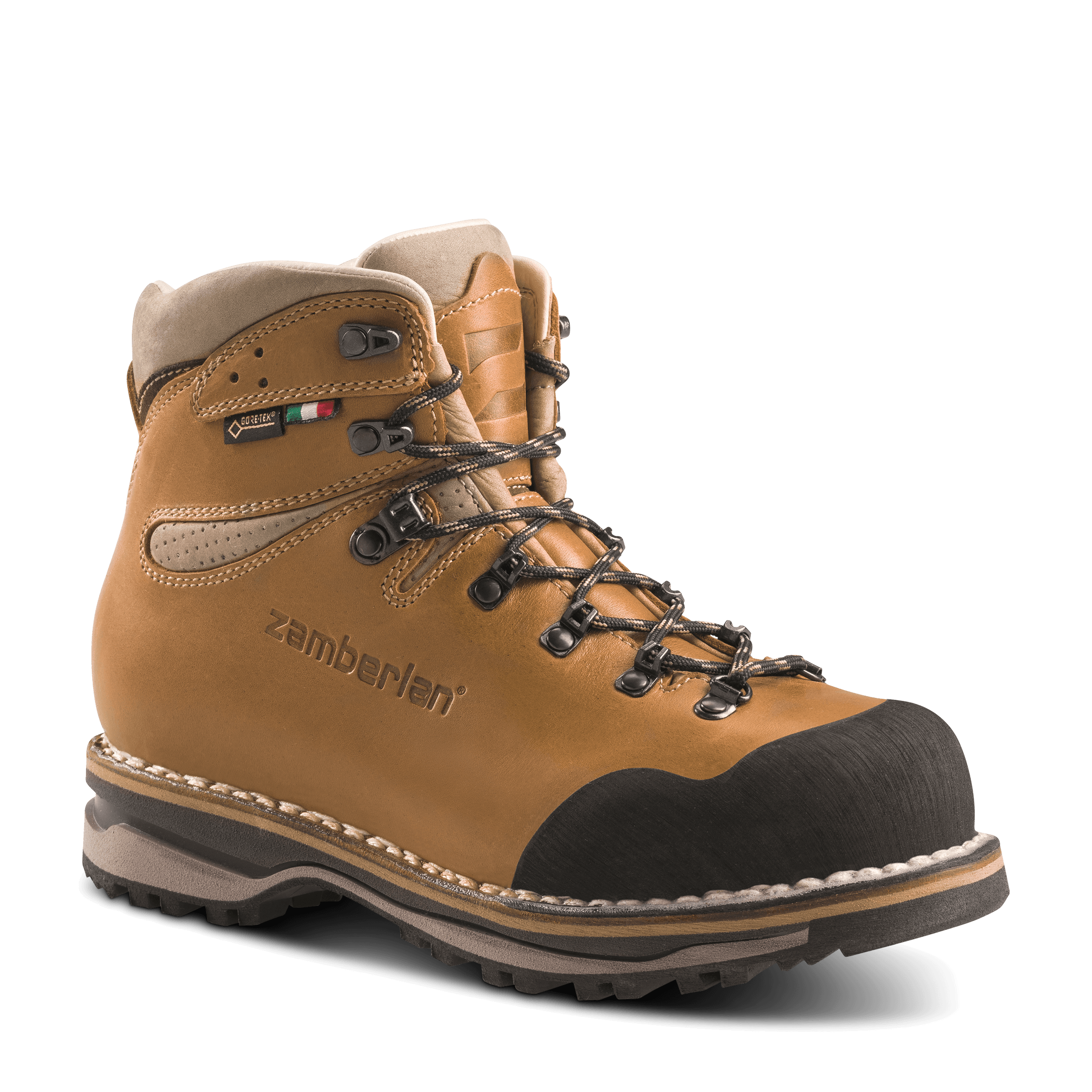 Brown hiking boot with black sole on a transparent background