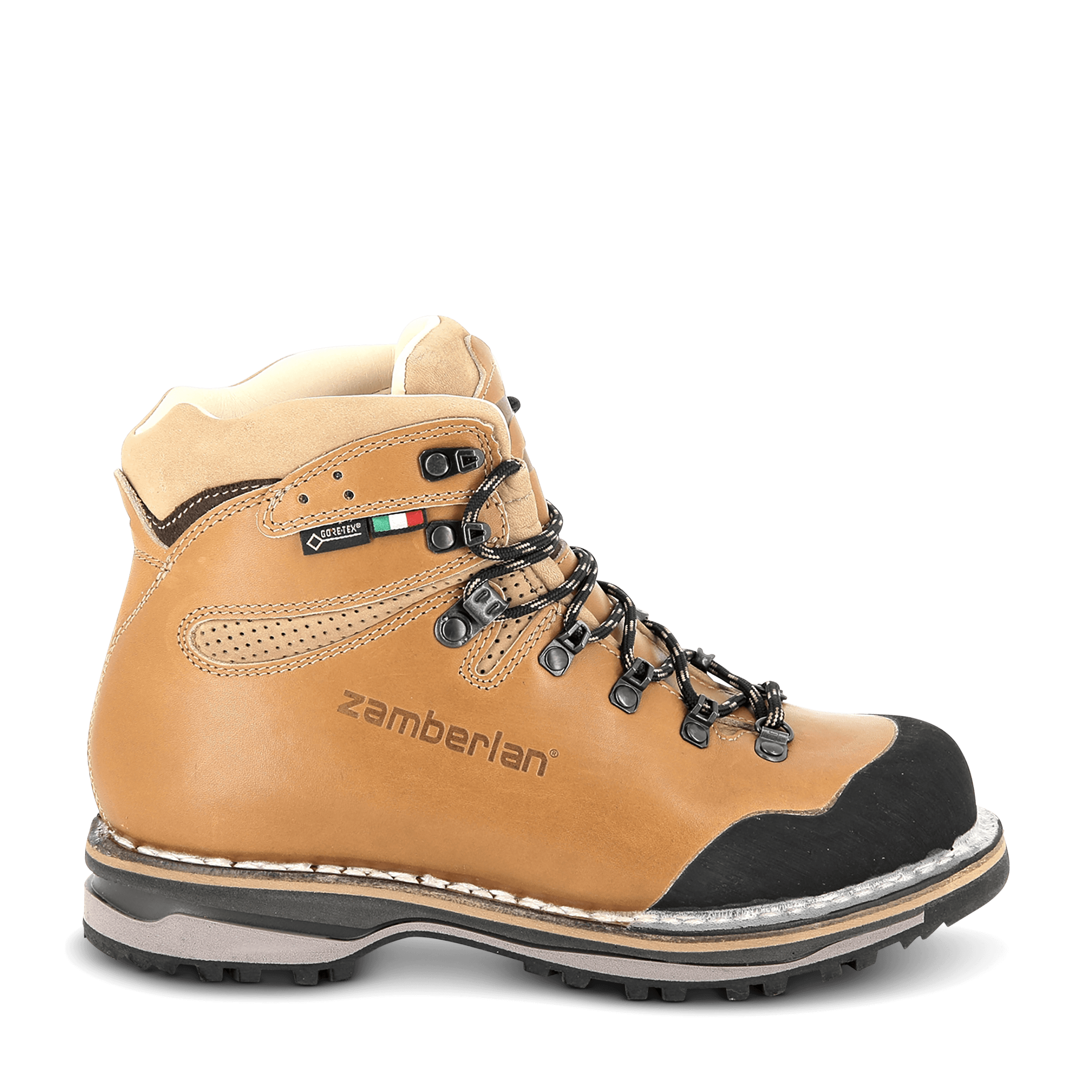 Tan hiking boot with black accents on a white background