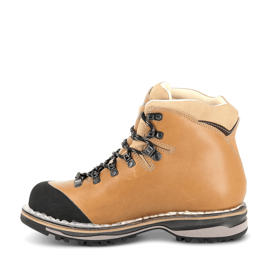 Brown hiking boot with black sole on a white background