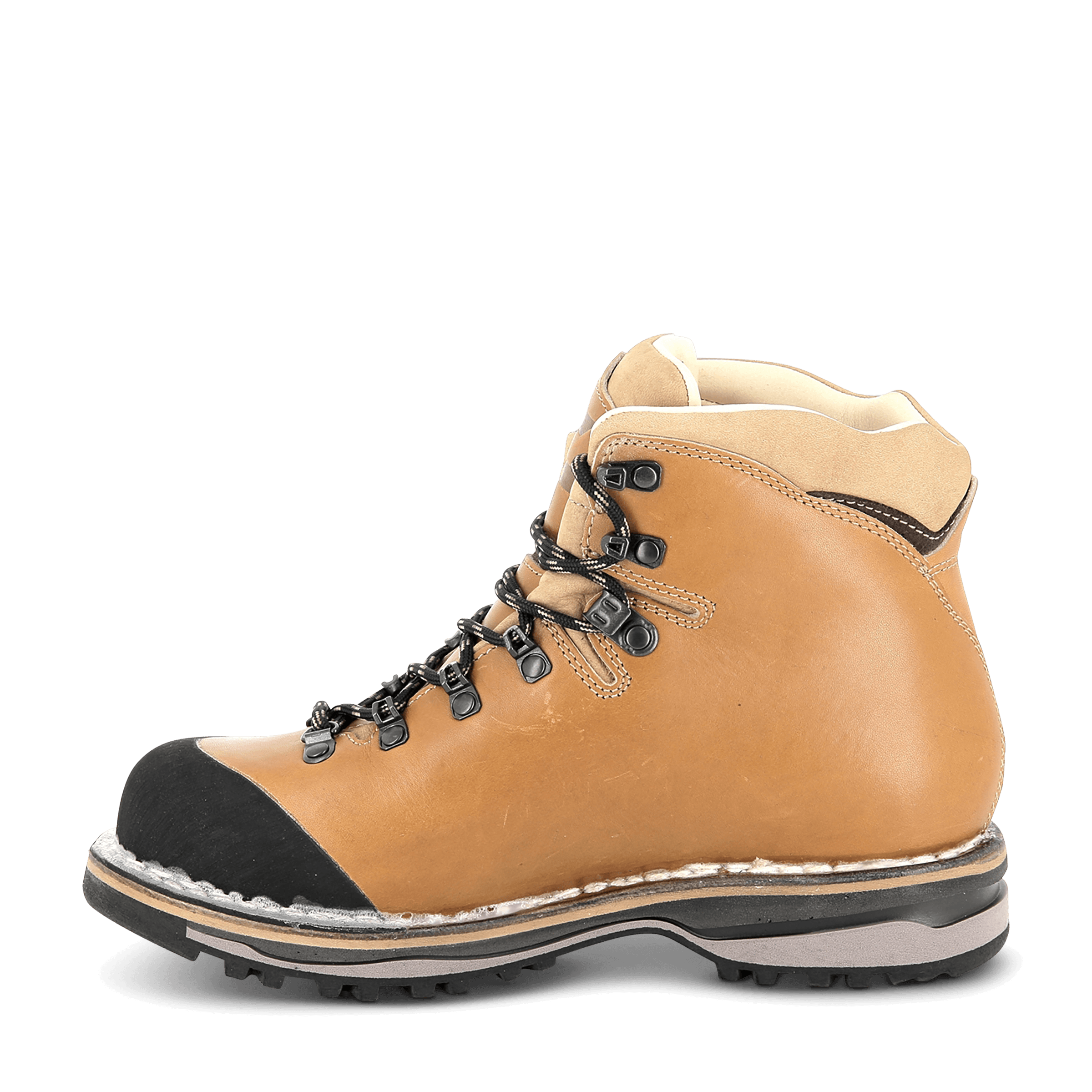 Brown hiking boot with black sole on a white background