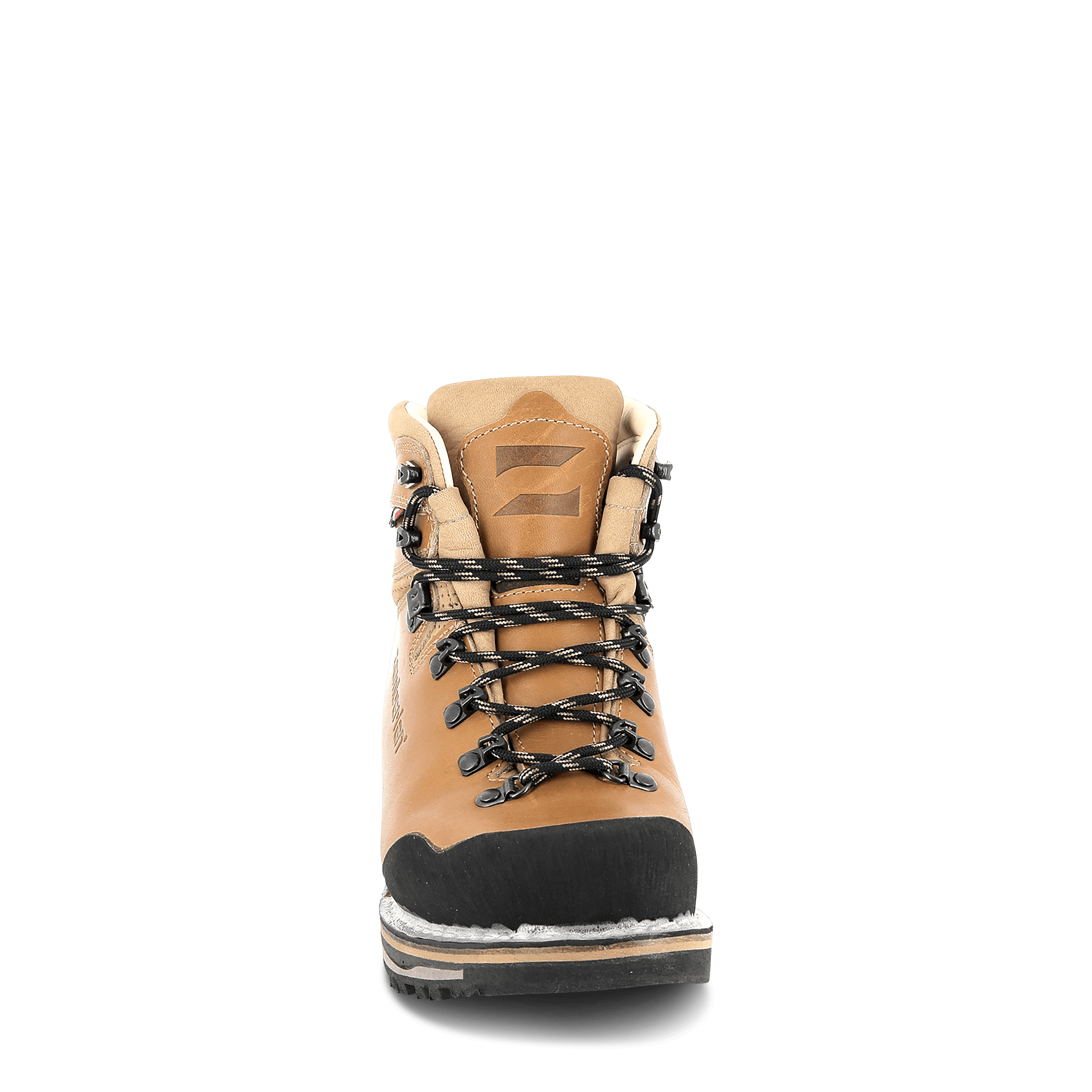 Tan hiking boot with black sole on a white background