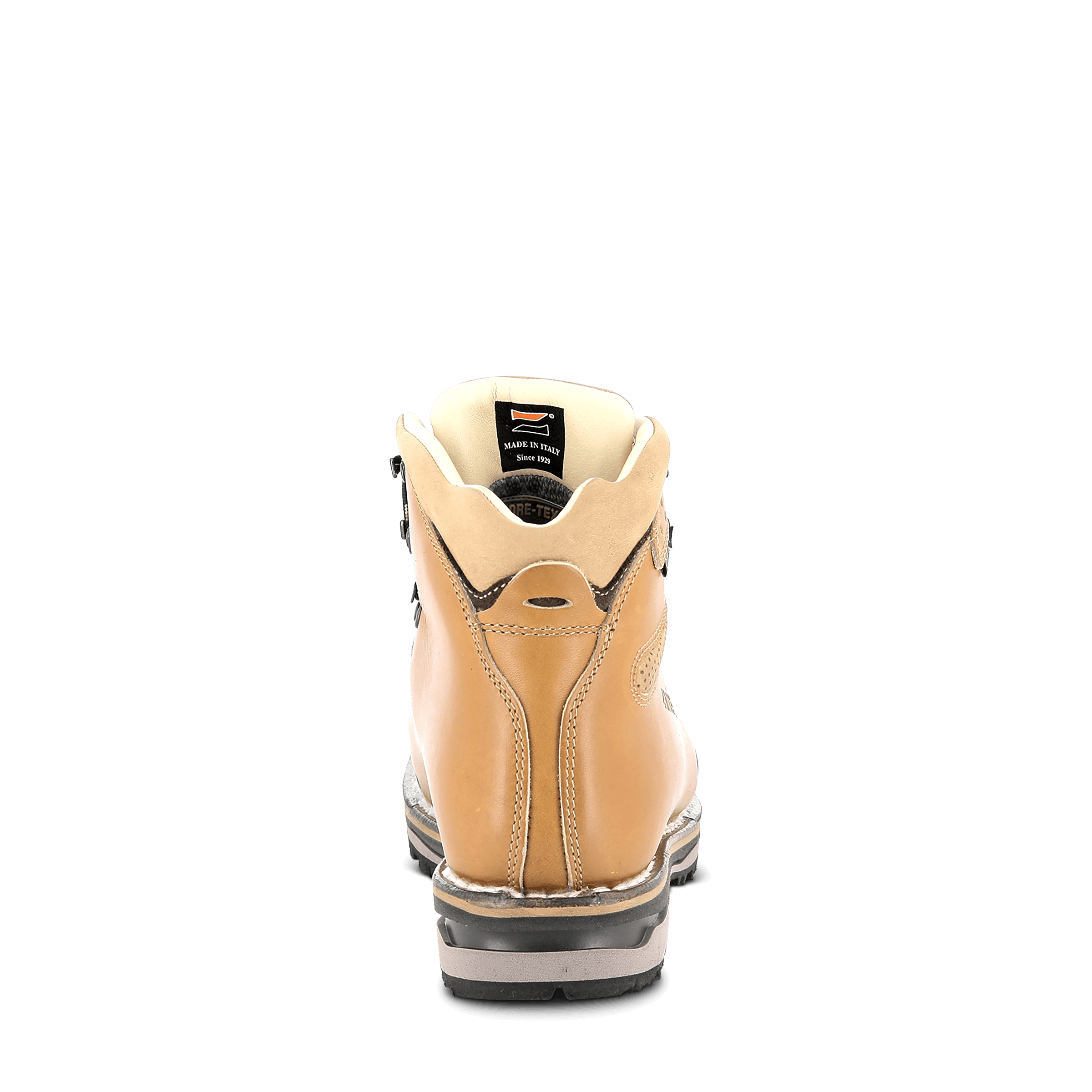 Tan hiking boot with a white sole on a black background