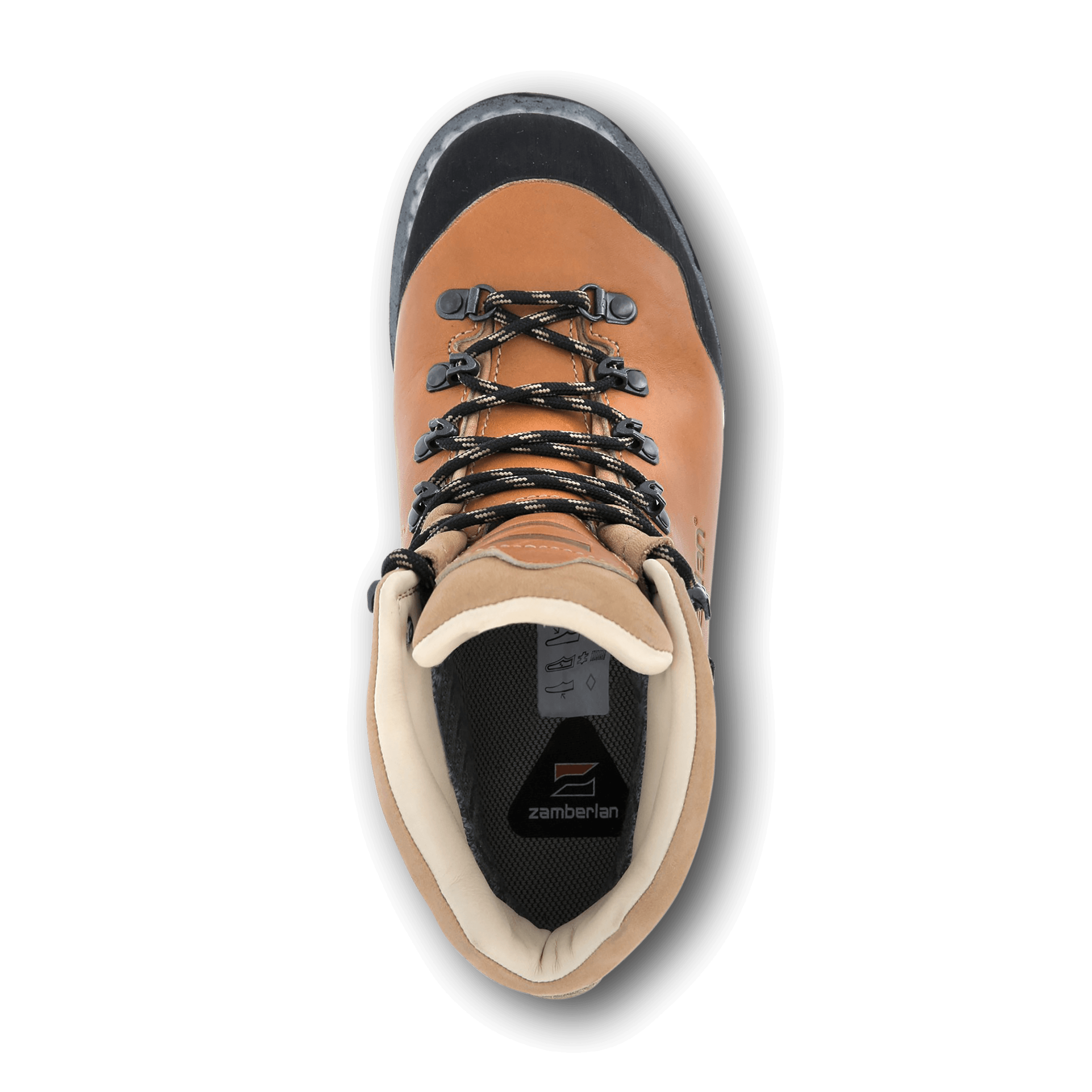 Tan hiking boot with black laces on a white background