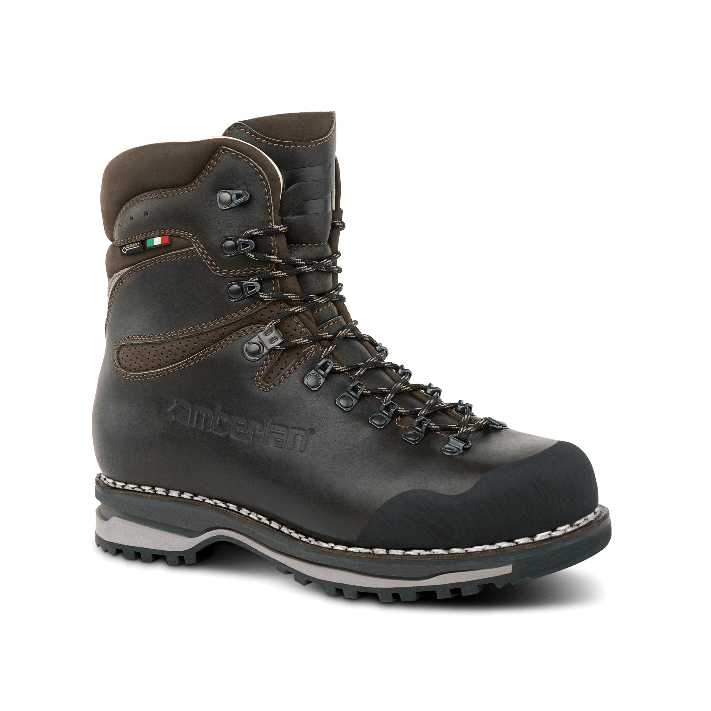 Brown hiking boot with visible brand logo on a transparent background