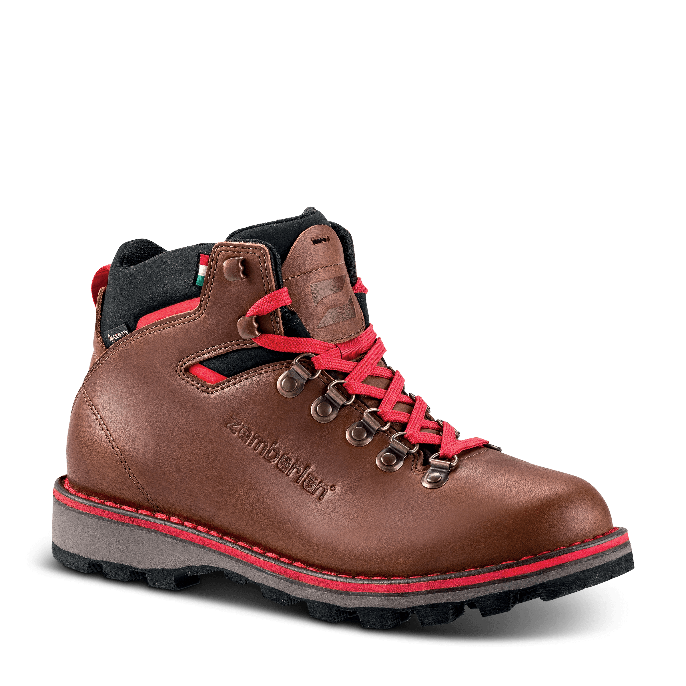 Brown hiking boot with red laces on a transparent background