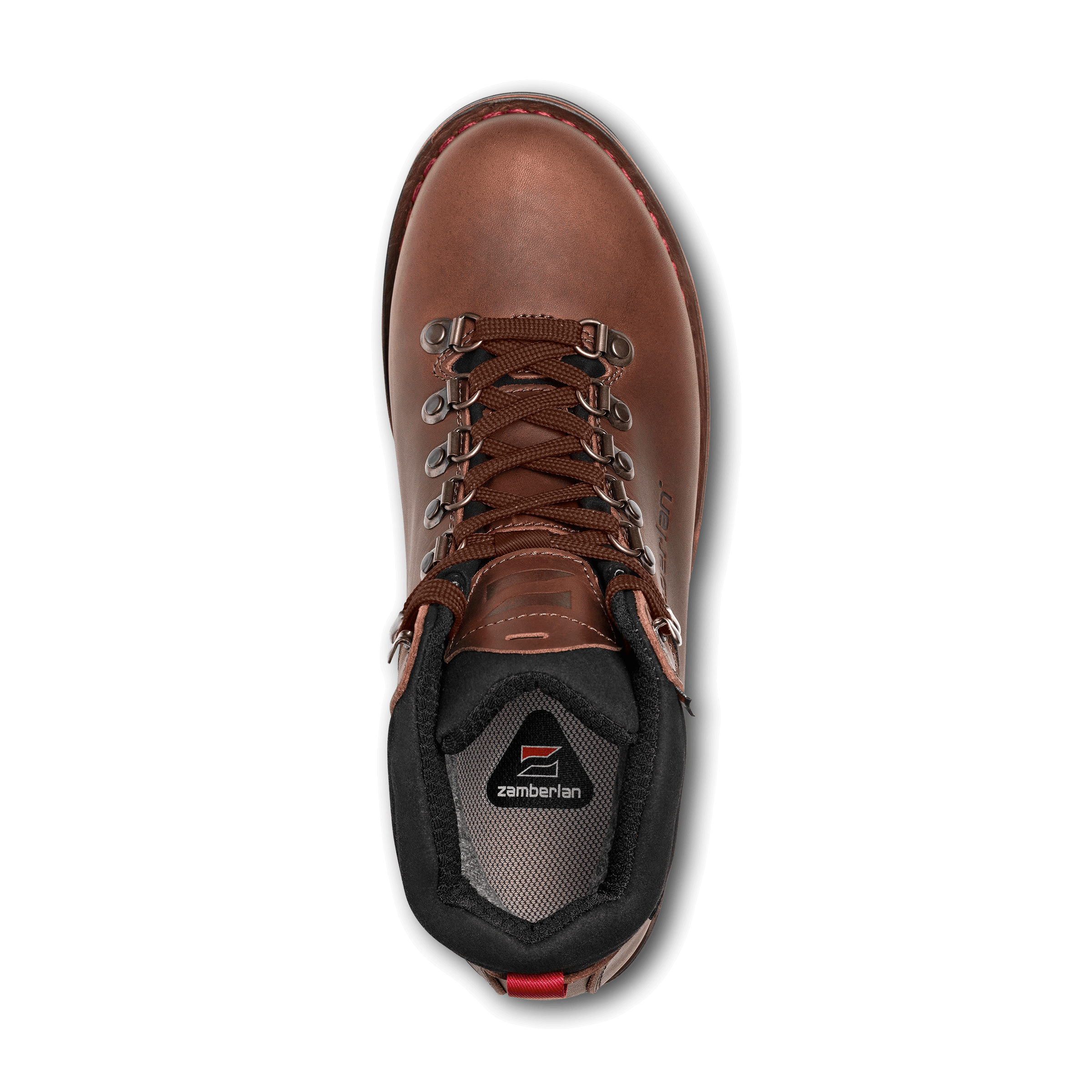 Brown hiking boot with visible brand logo on a black background