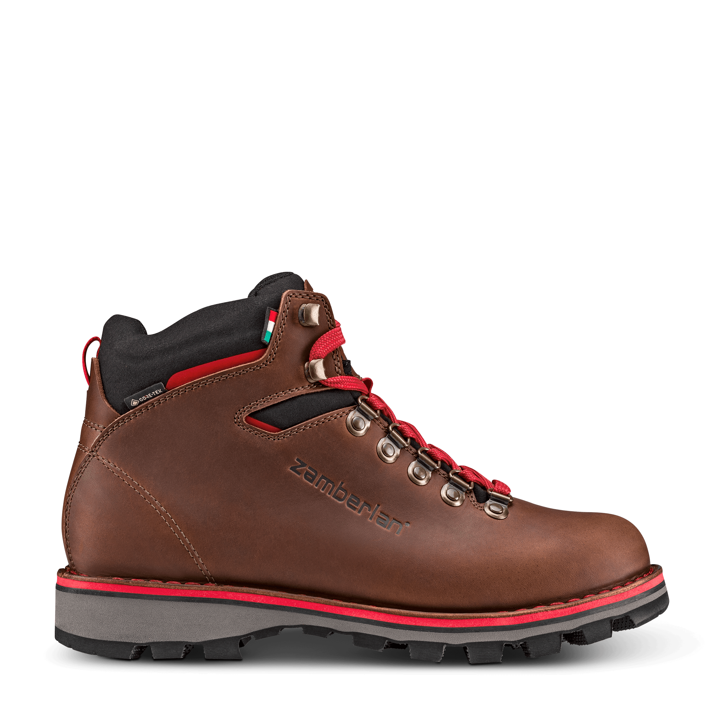 Brown hiking boot with red accents on a black background