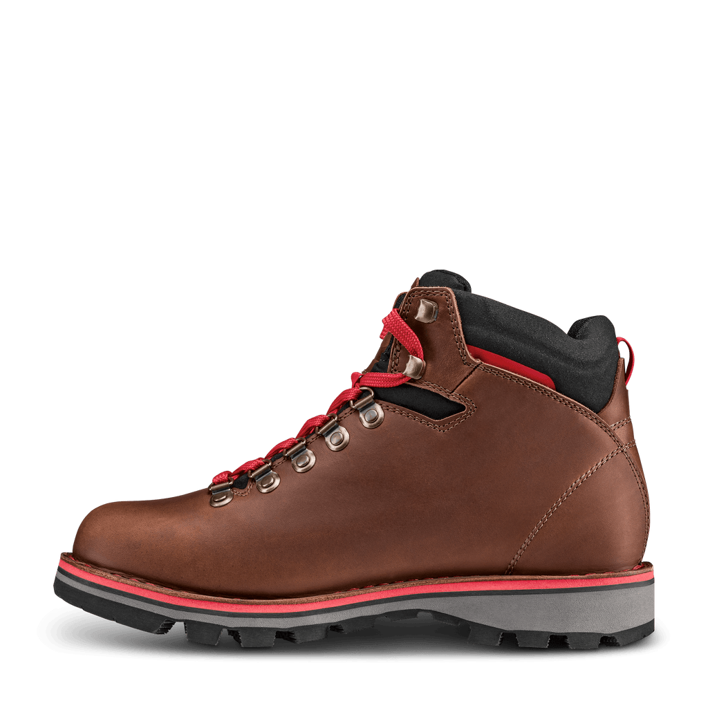 Brown hiking boot with red laces on a transparent background