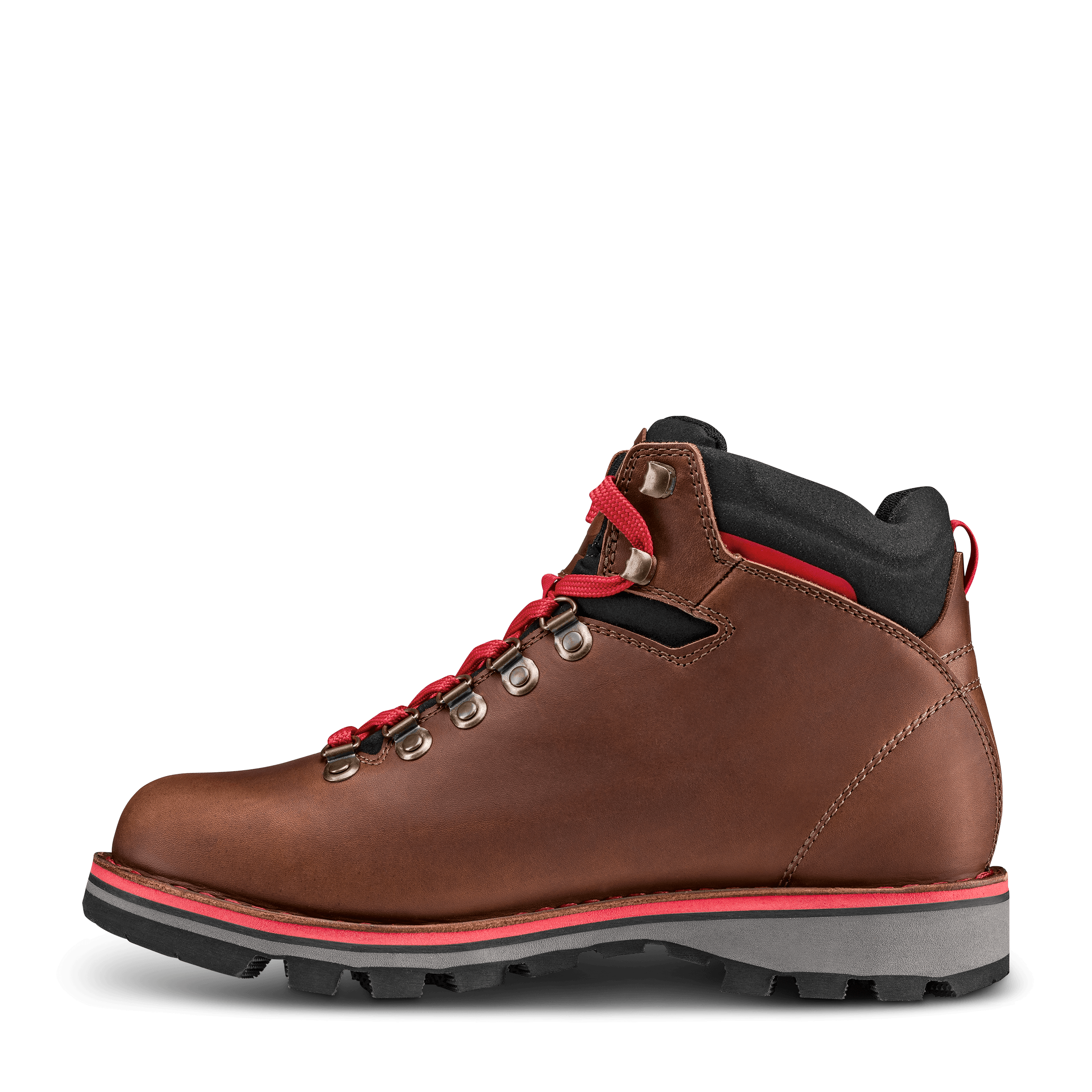 Brown hiking boot with red laces on a transparent background